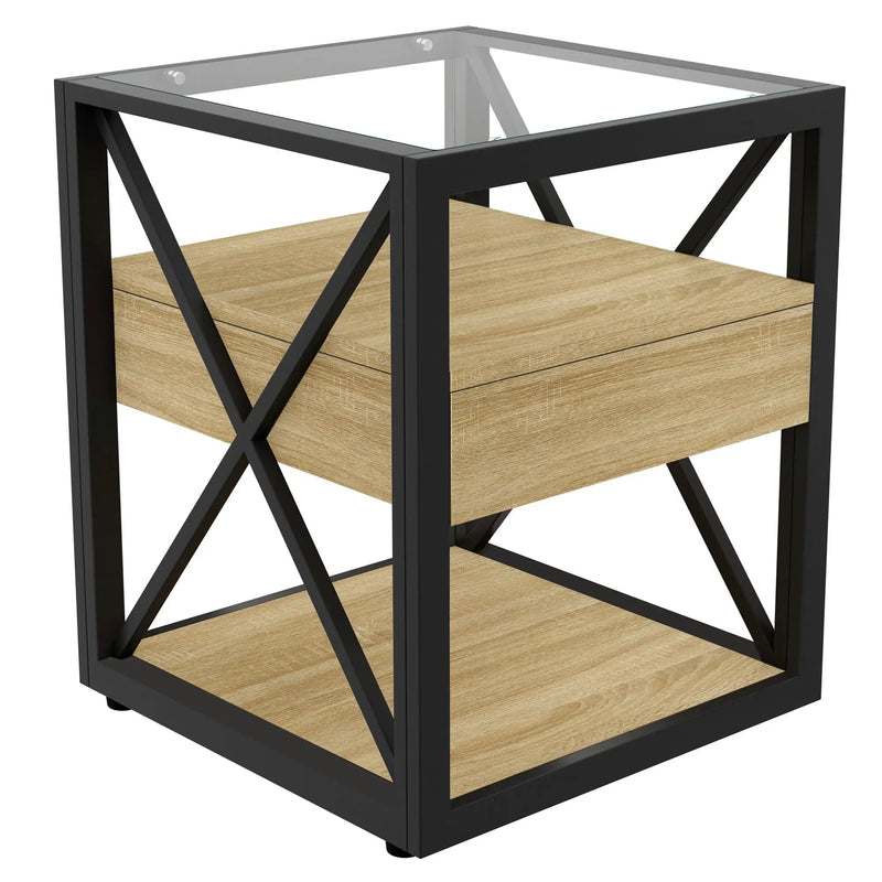 1 Piece Modern End Table with Drawer - Natural Wood & Tempered Glass by HouseOfZazla