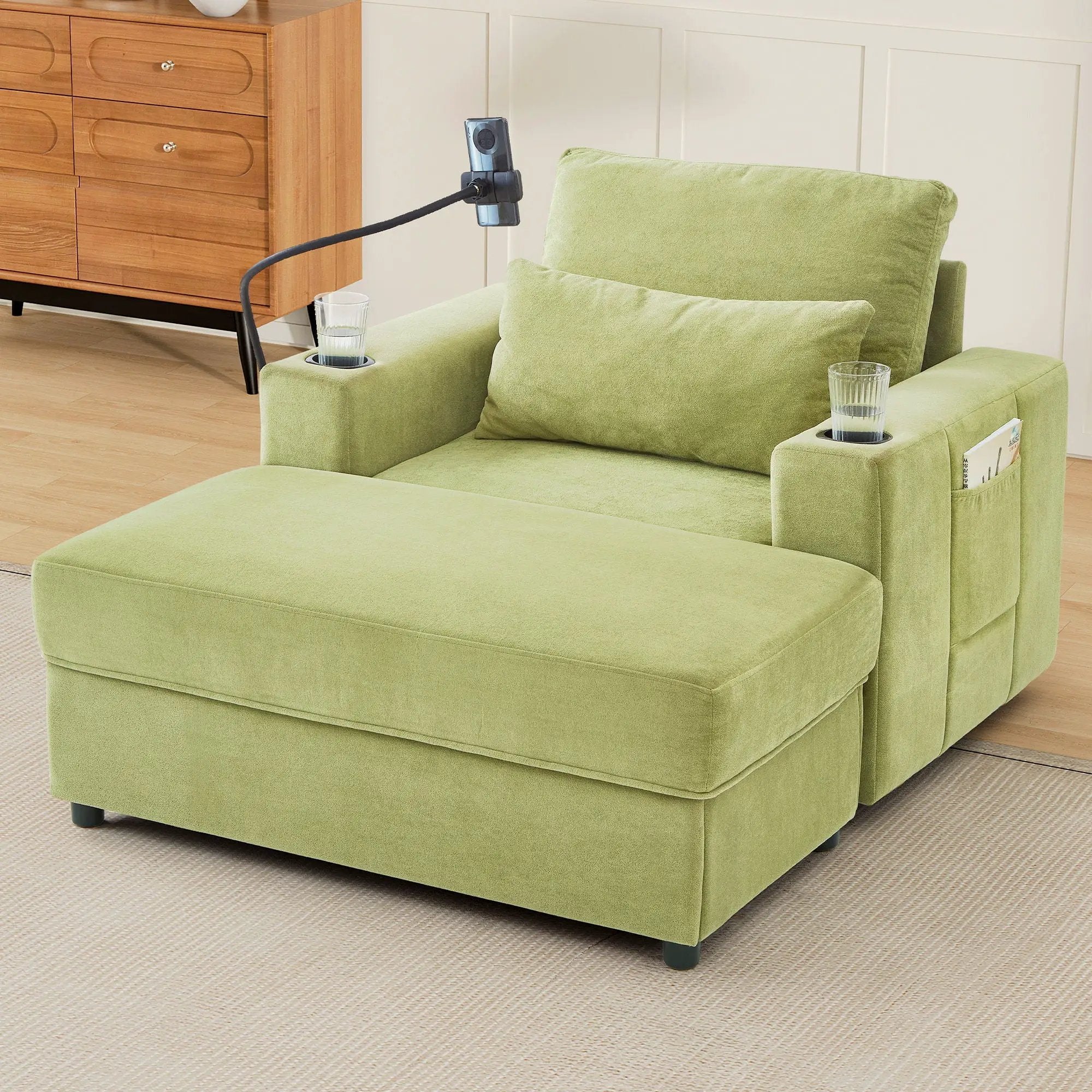 Modern Style Armchair Chaise Lounge Sofa Couch With Movable Storage Ottoman, USB Ports, Cup Holders, Phone Holder, Side Pockets by HouseOfZazla