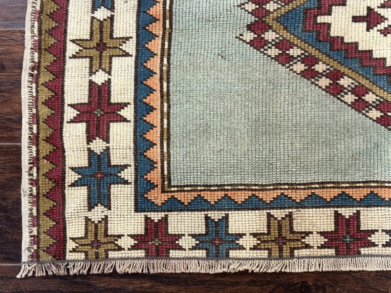 Turkish Kazak Rug 4x6, Geometric Medallion, Caucasian Design Rug, Semi Antique Vintage, Mint Green Maroon Ivory by Jewel Rugs