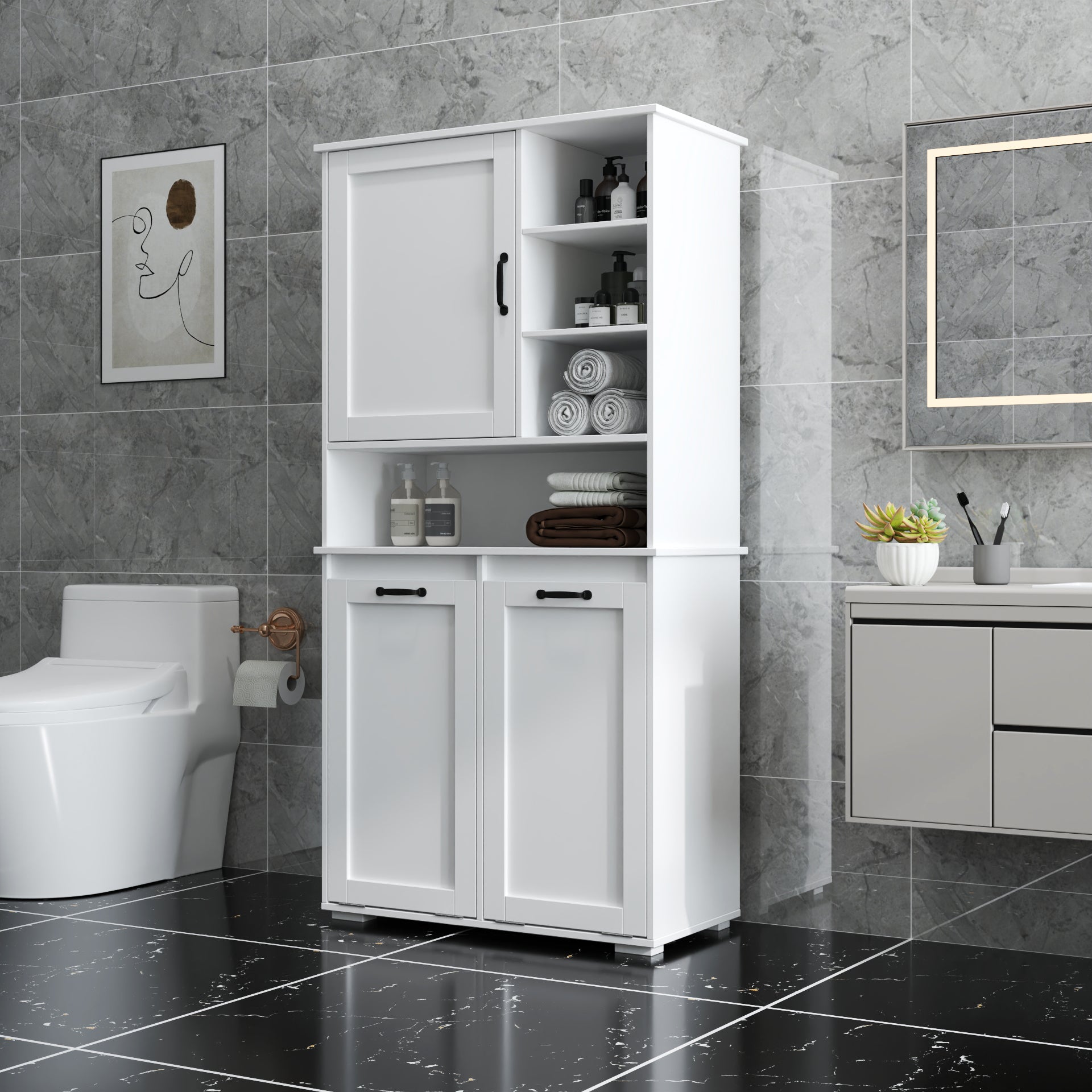 Laundry Cabinet with Doors and Shelf, Tilt-Out Laundry Hamper, Multiple Storage Space by HouseOfZazla