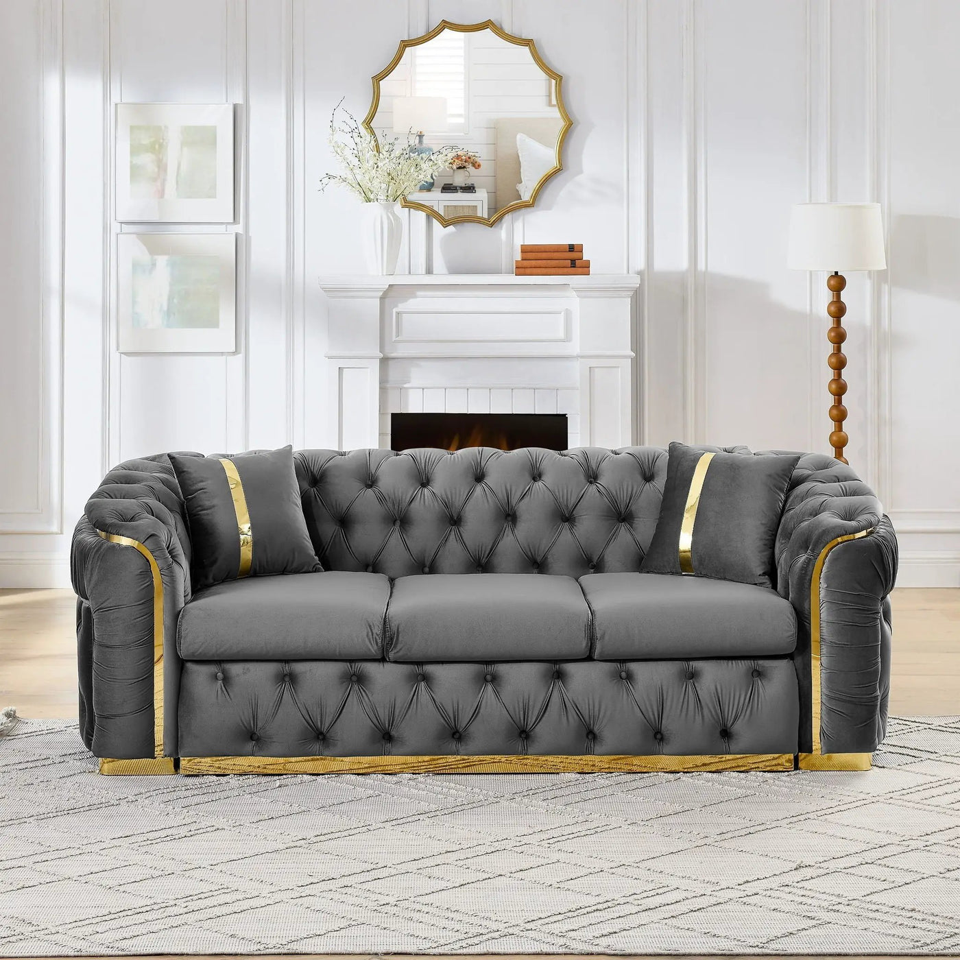 Button Tufted Couch With 2 Pillows, 3 Seater Luxury Chesterfield Sofa by HouseOfZazla