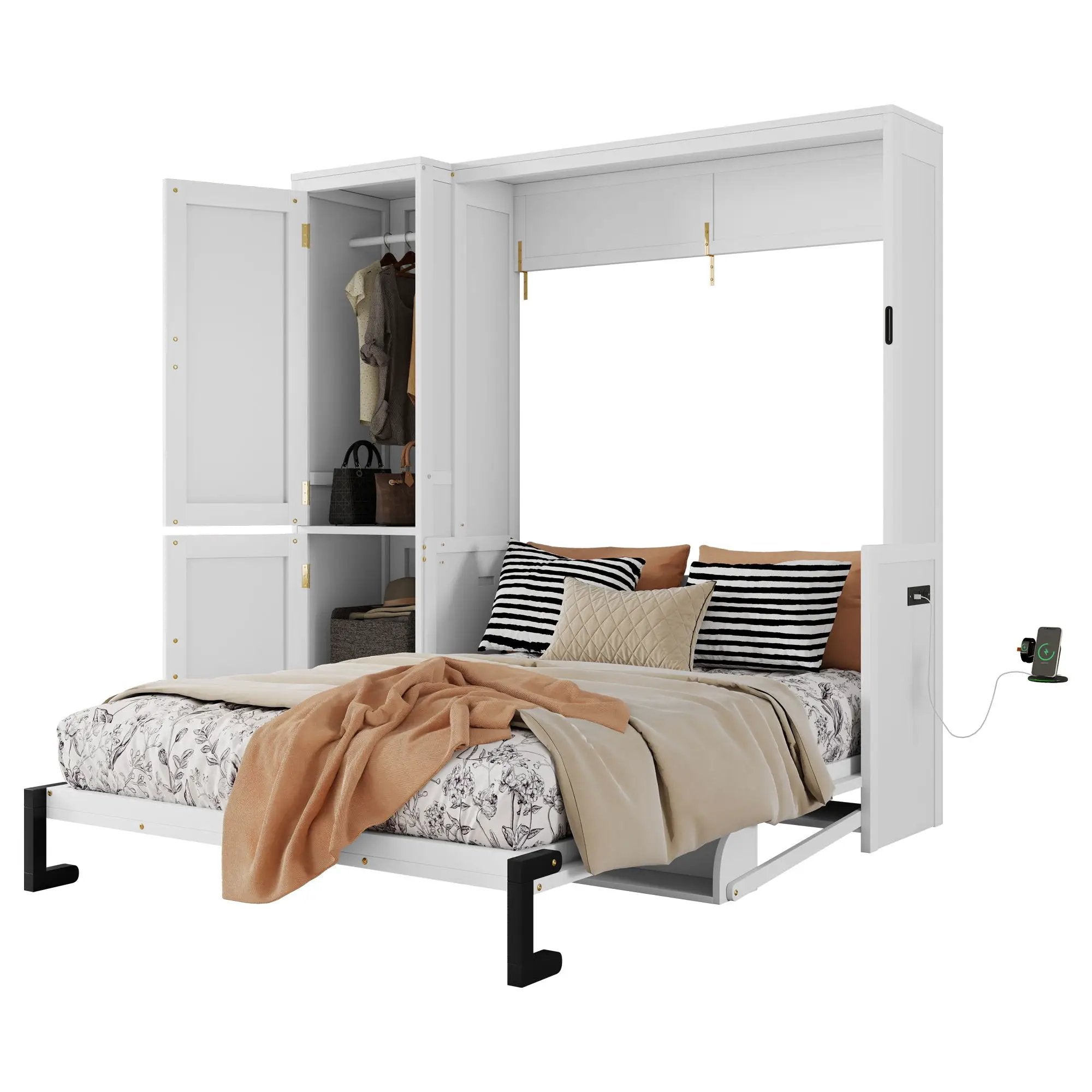Queen Size Murphy Bed With Wardrobe, Space-Saving Hidden Wall Bed With Desk And Charging Station - White by HouseOfZazla