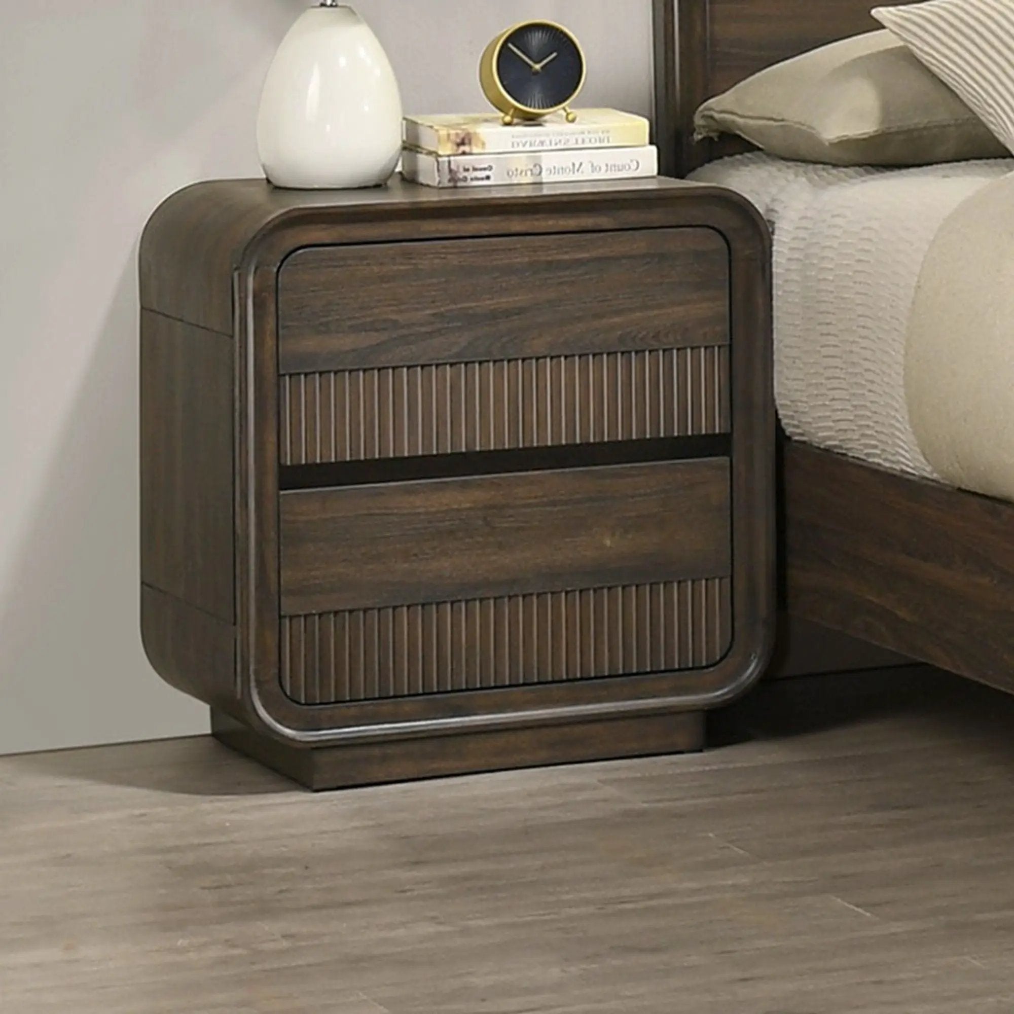 Flair Rounded Edges Nightstand, 2 Drawer Storage - Brown