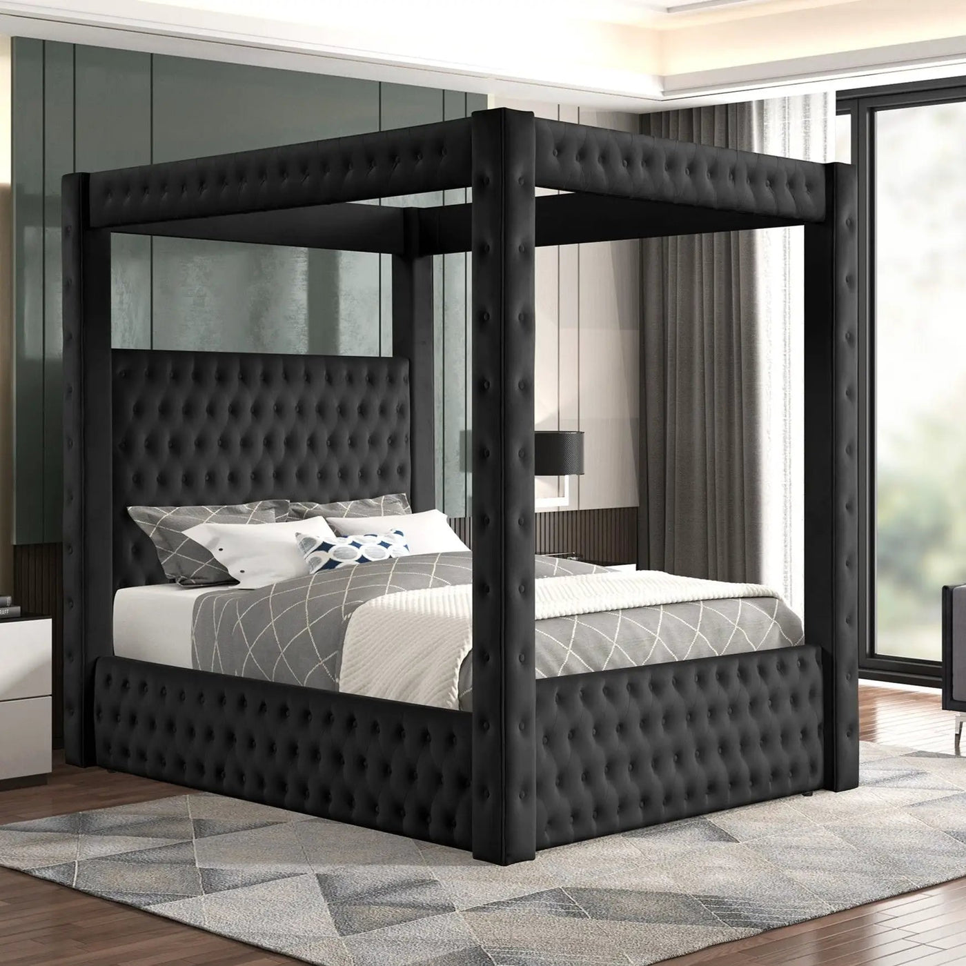 Modern 4 Poster Bed With Tufted Headboard And Footboard by Unique Piece Furniture