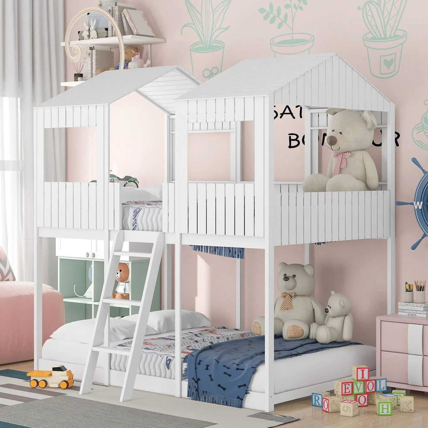 Bunk Bed With Roof, Window, Guardrail, Ladder by Unique Piece Furniture