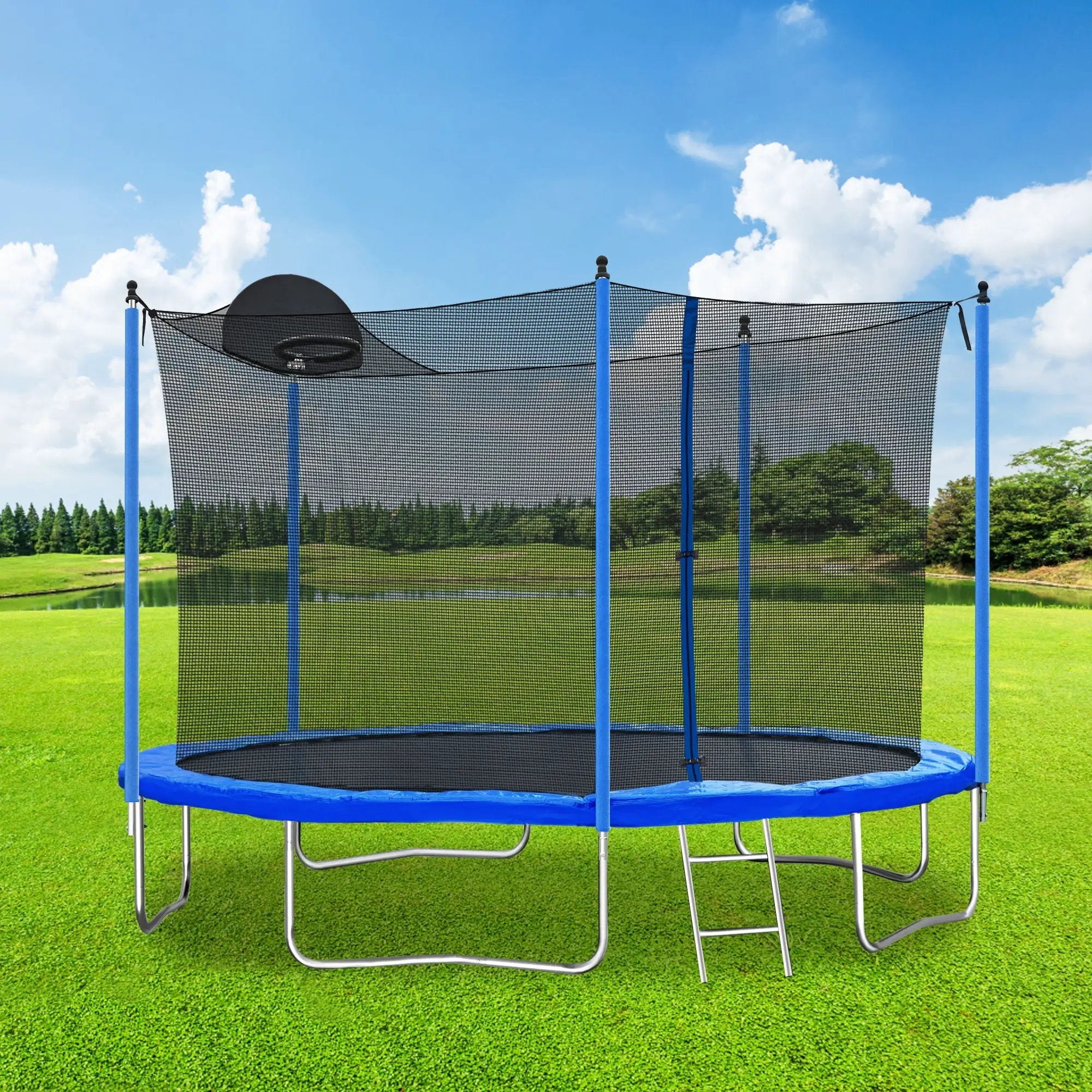 12Ft Trampoline For Adults & Kids With Basketball Hoop, Outdoor Trampolines With Ladder And Safety Enclosure Net For Kids And Adults - Blue by HouseOfZazla