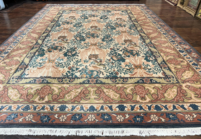 10x13 Wool Rug, Floral Pattern, Birds, Handmade Vintage Carpet, Couristan Rug, Beige by Jewel Rugs