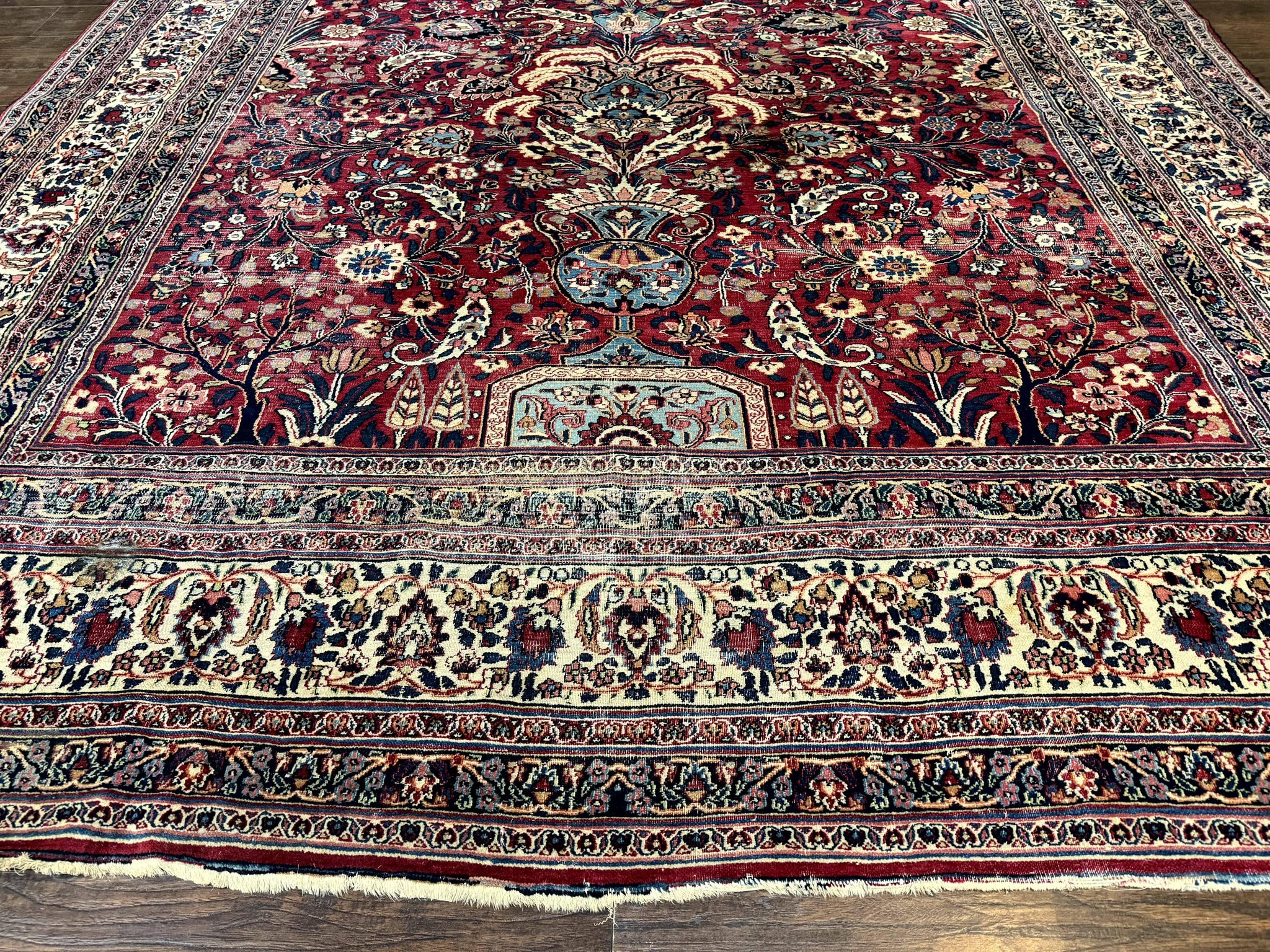 Antique Persian Mashad Rug 10x12, Red and Ivory, Signed by Master Weaver by Jewel Rugs