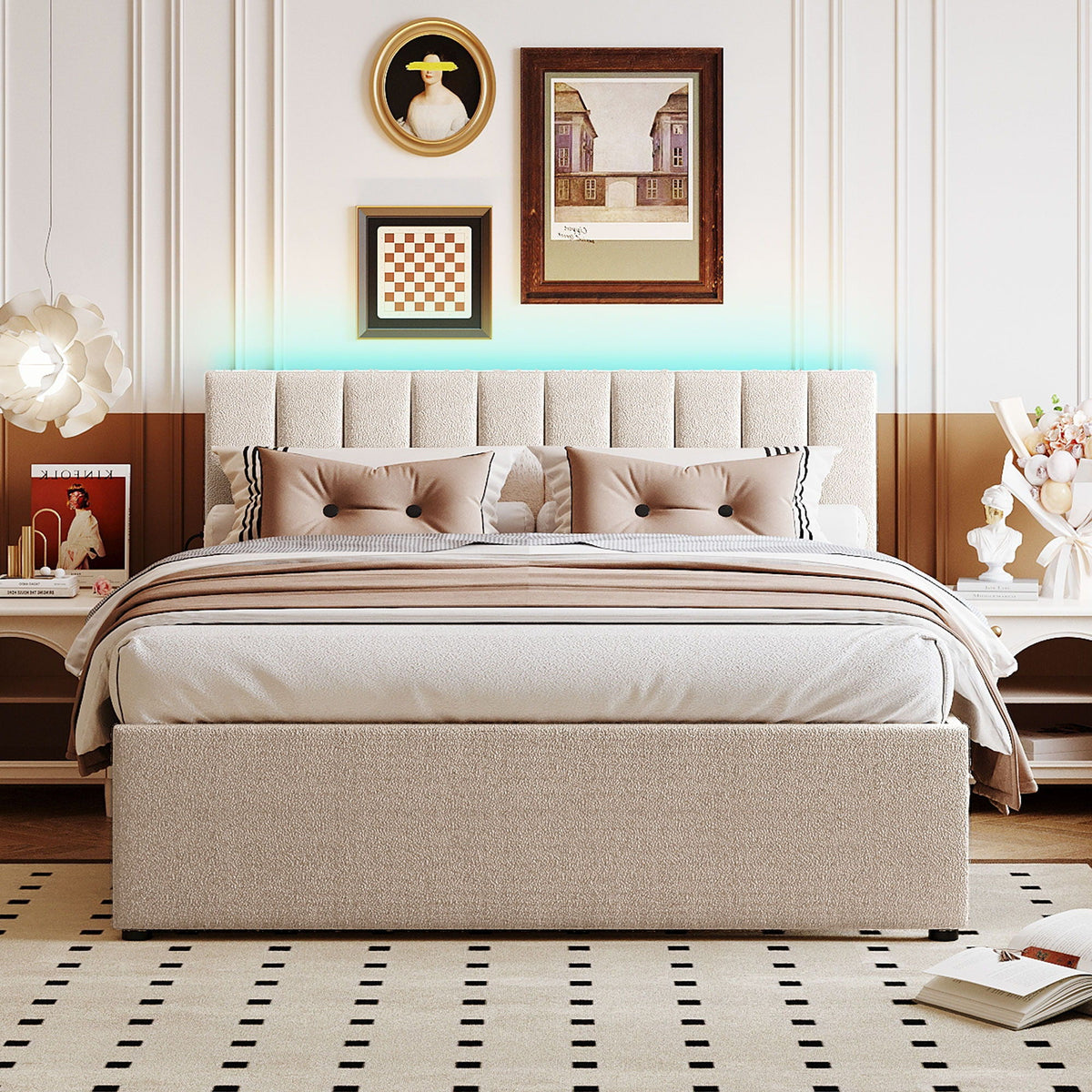 Upholstered Platform Bed With Trundle and LED Lights - Full or Queen, photo 19 of 40