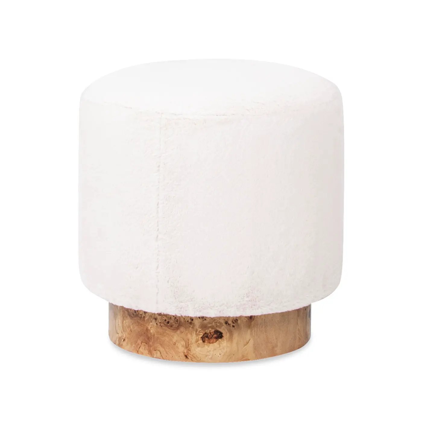 Tilly - Round Fur Upholstered / Burl Pouf Ottoman - White by HouseOfZazla