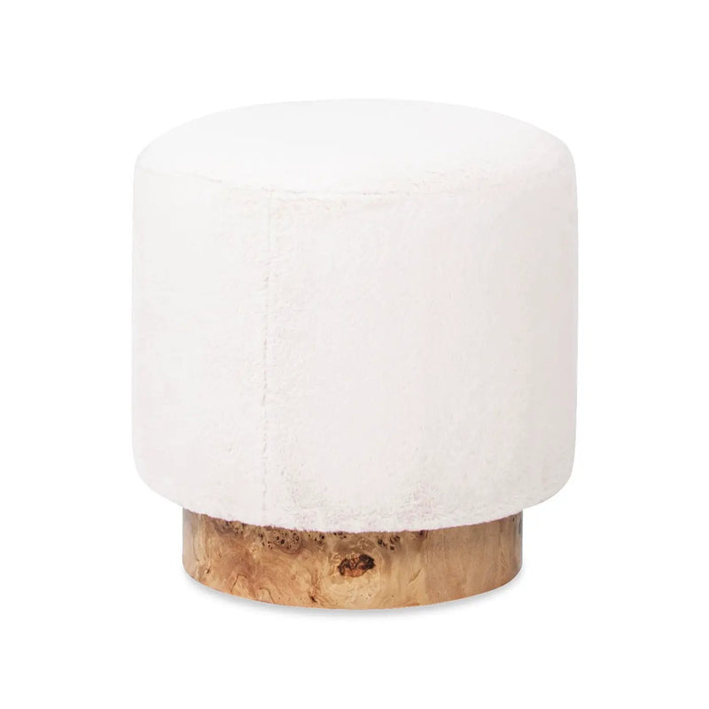 Tilly - Round Fur Upholstered / Burl Pouf Ottoman - White by HouseOfZazla