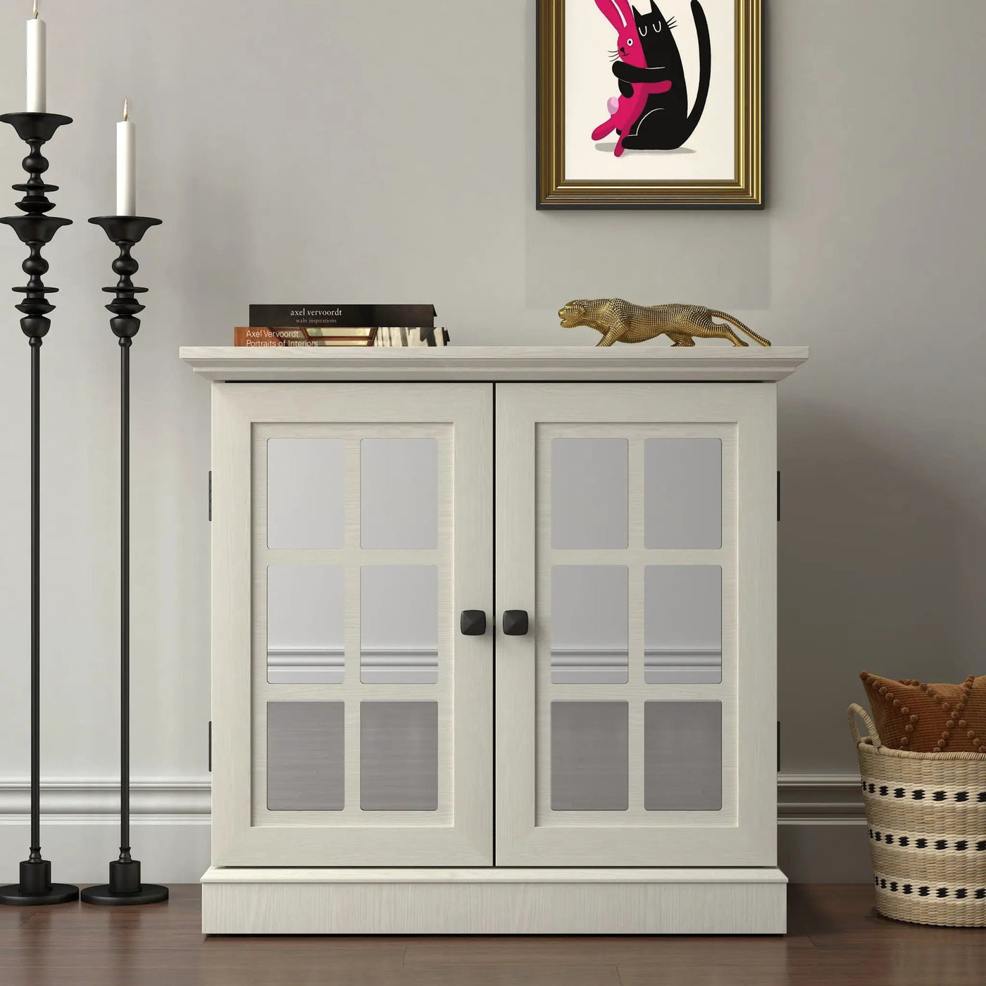 Sideboard Cabinet With Mirrored Doors, Adjustable Shelf, Metal Handles by HouseOfZazla