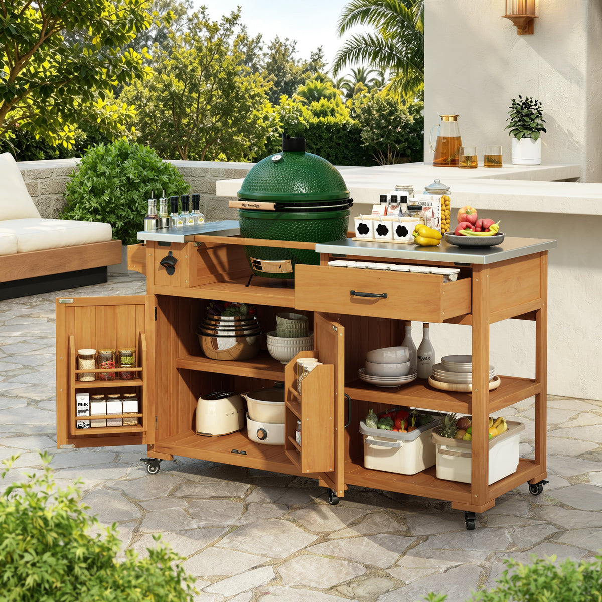TOPMAX 55.4" Outdoor Solid Wood Kitchen Cart, Stainless Top Grill Cart, Kitchen Island with Spice Rack, Drawer, Adjustable Shelves and 4 Door Racks  for Patio, Deck