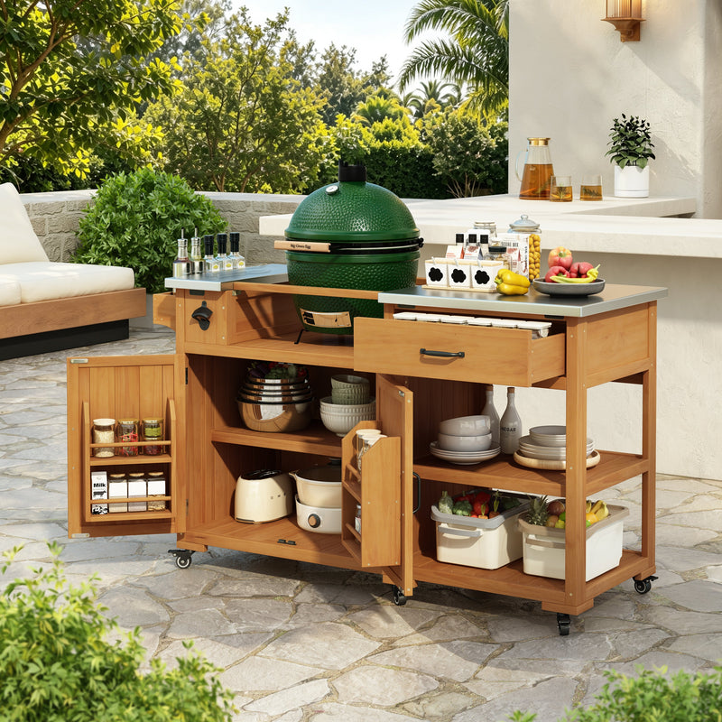 TOPMAX 55.4" Outdoor Solid Wood Kitchen Cart, Stainless Top Grill Cart, Kitchen Island with Spice Rack, Drawer, Adjustable Shelves and 4 Door Racks  for Patio, Deck