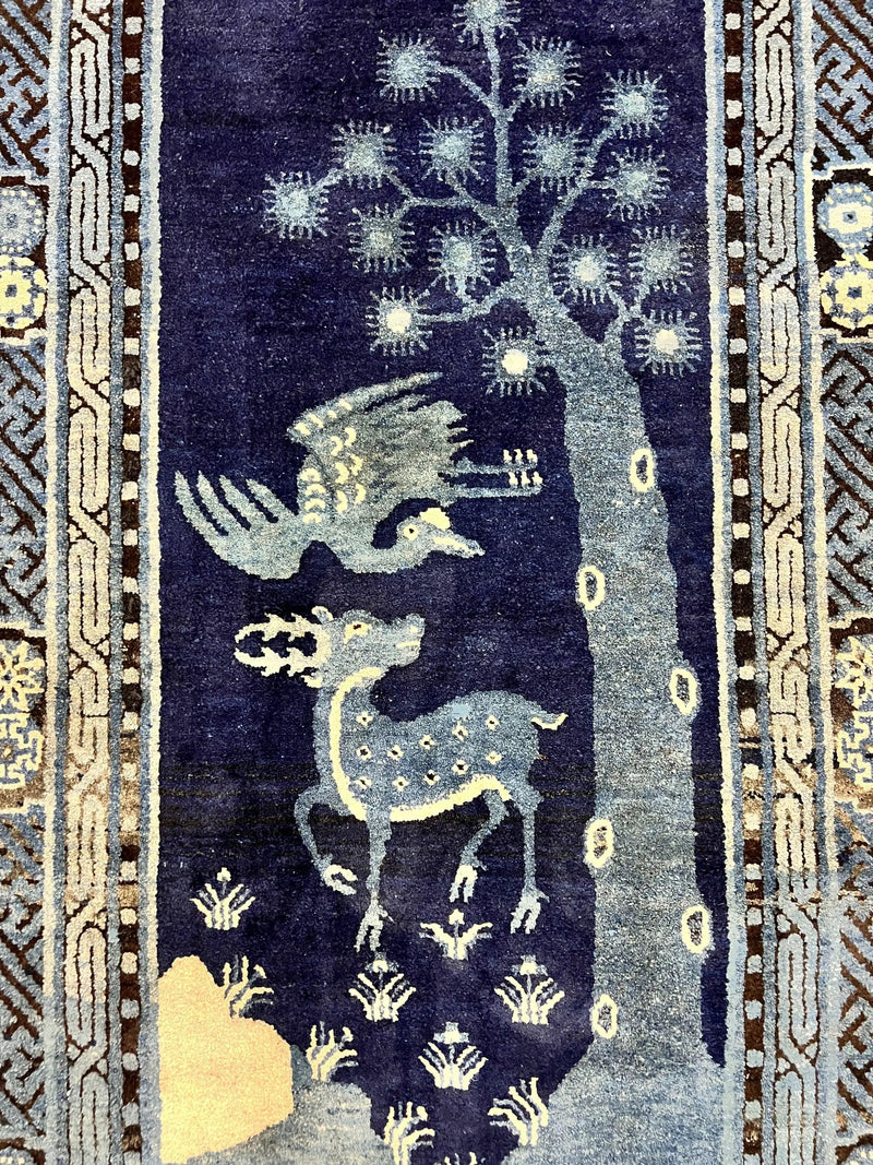Antique Chinese Peking Rug 3x5, Dark Blue Chinese Wool Rug 3 x 5, Animal Pictorials Deer Birds, Handmade Asian Oriental Chinese Carpet by Jewel Rugs