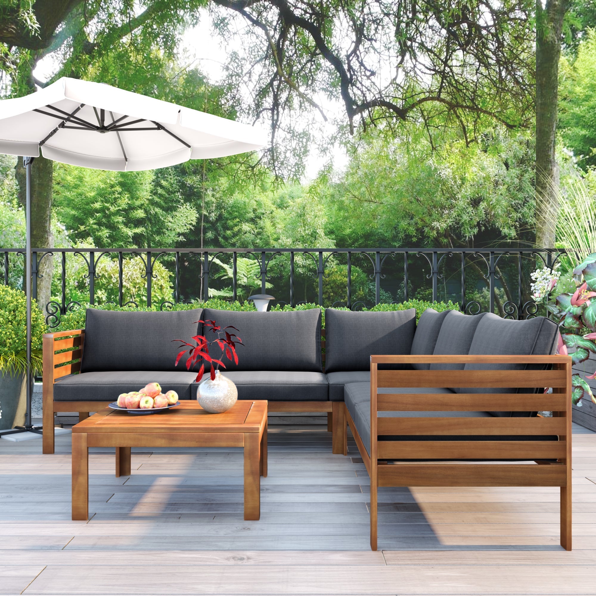 Wood Structure Outdoor Sofa Set with Gray Cushions by HouseOfZazla