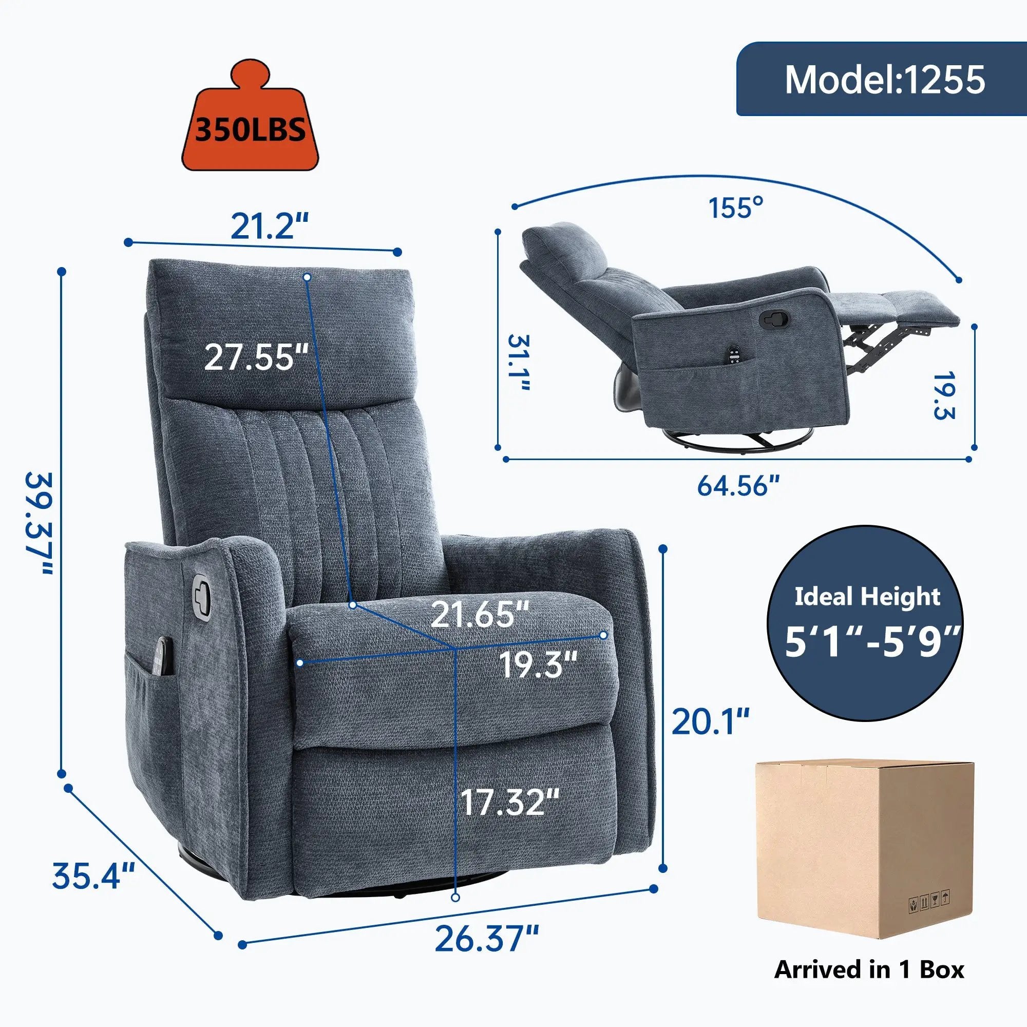 Blue Heat Massage Manual Recliner Chair with Rocker and Swivel by HouseOfZazla
