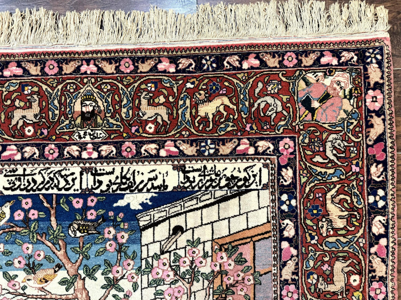 Wonderful Persian Kashan Pictorial Rug 4.7 x 6.5, Persian Rug for Wall Hanging, Handmade Antique Wool Carpet Animal Motifs Poetry Lovers, 240 KPSI by Jewel Rugs