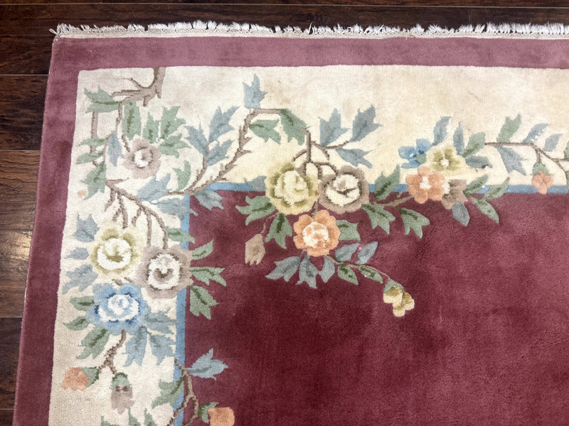 Indo Chinese Art Deco Rug 9x12, Pink and Ivory, Open Filed, Floral, Wool by Jewel Rugs
