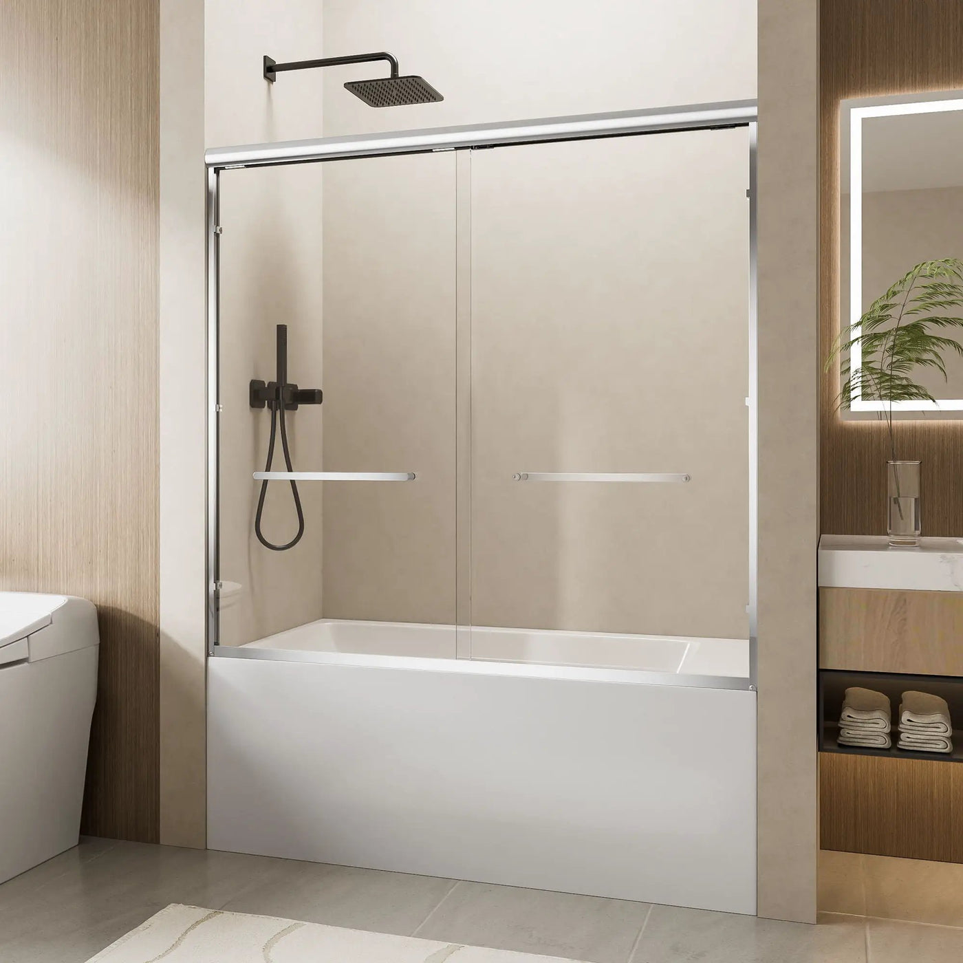 Aluminum Frame Double Double Soft Close Shower Door, Tempered Glass And Dual Stainless Steel Handles by HouseOfZazla