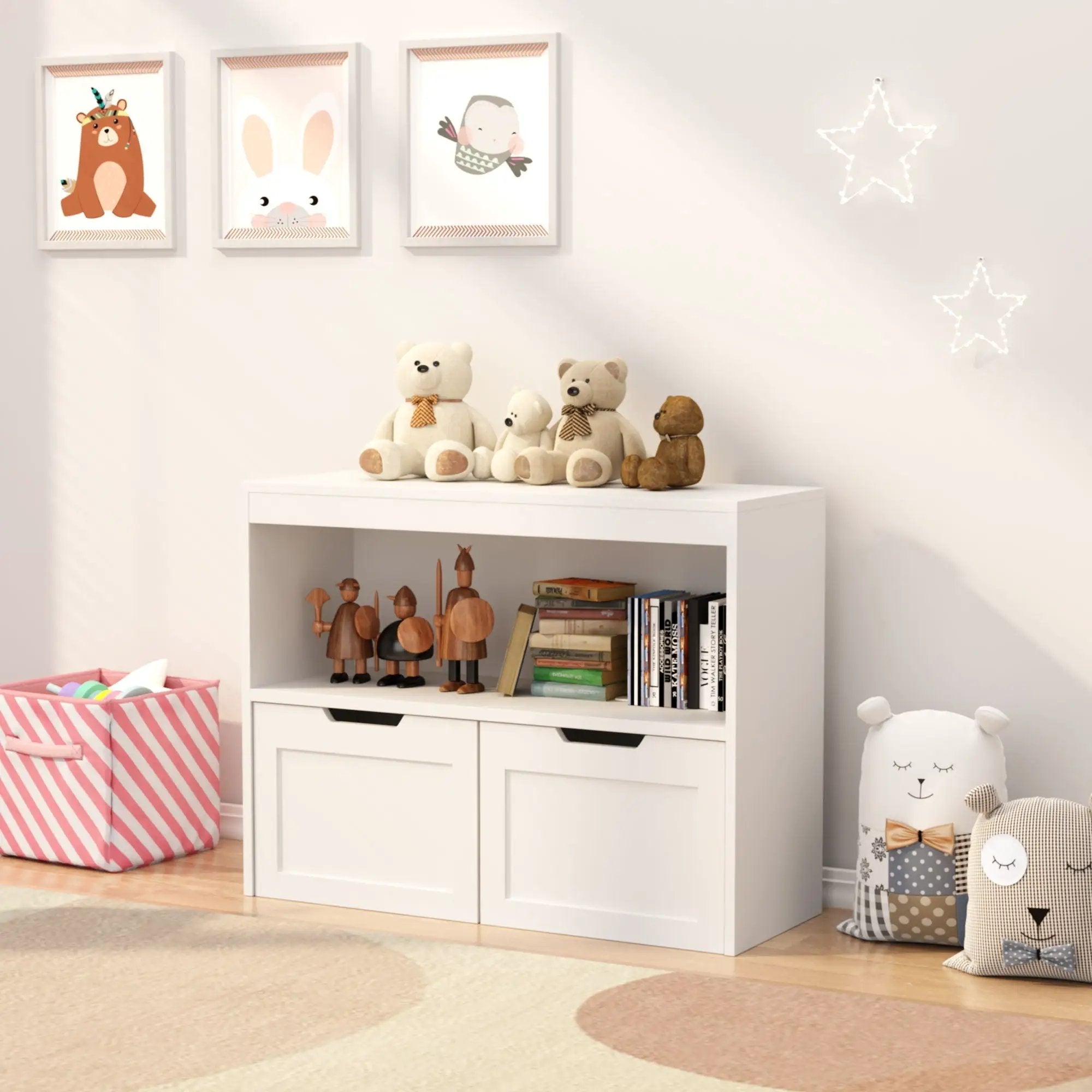 Book Organizer With Large Drawers And Open Shelves, Toy Storage Cabinet - White by HouseOfZazla