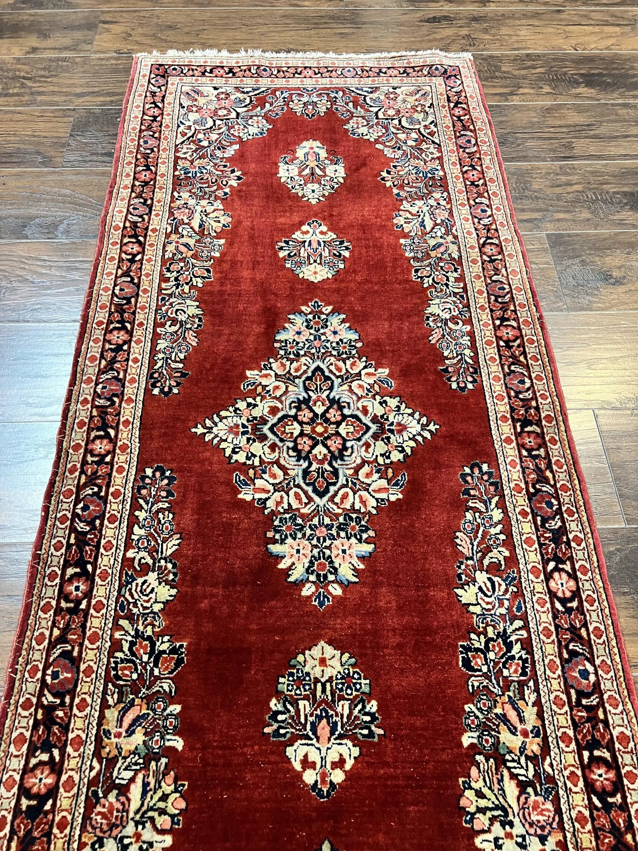 Persian Sarouk Runner Rug 2.7 x 6, Semi Open Field, Red, Handmade Hand Knotted, Wool Oriental Carpet, Vintage Semi Antique by Jewel Rugs