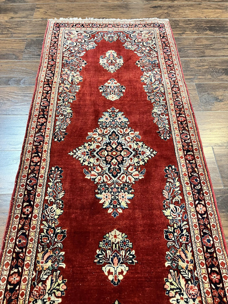 Persian Sarouk Runner Rug 2.7 x 6, Semi Open Field, Red, Handmade Hand Knotted, Wool Oriental Carpet, Vintage Semi Antique by Jewel Rugs