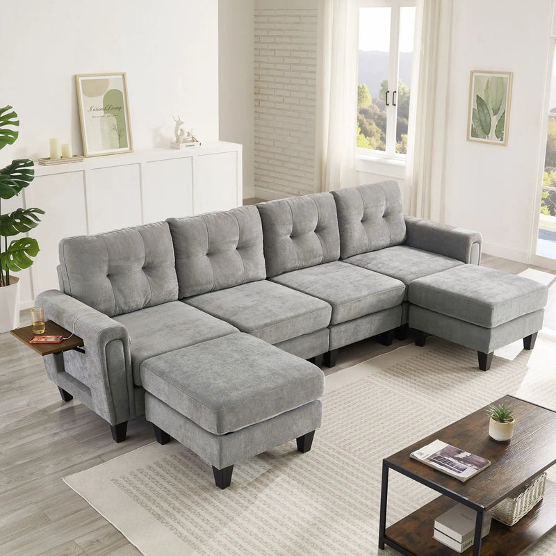 Modular Sectional Sofa With Movable Ottomans, USB Ports & Side Tables by Unique Piece Furniture