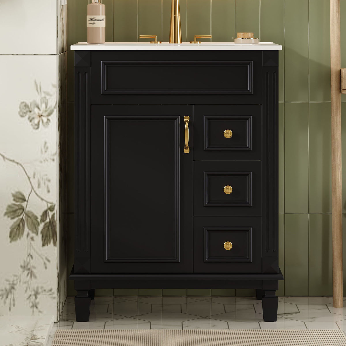 Compact Bathroom Vanity with Ceramic Sink and Storage Drawers - White, Green, Black, photo 10 of 24