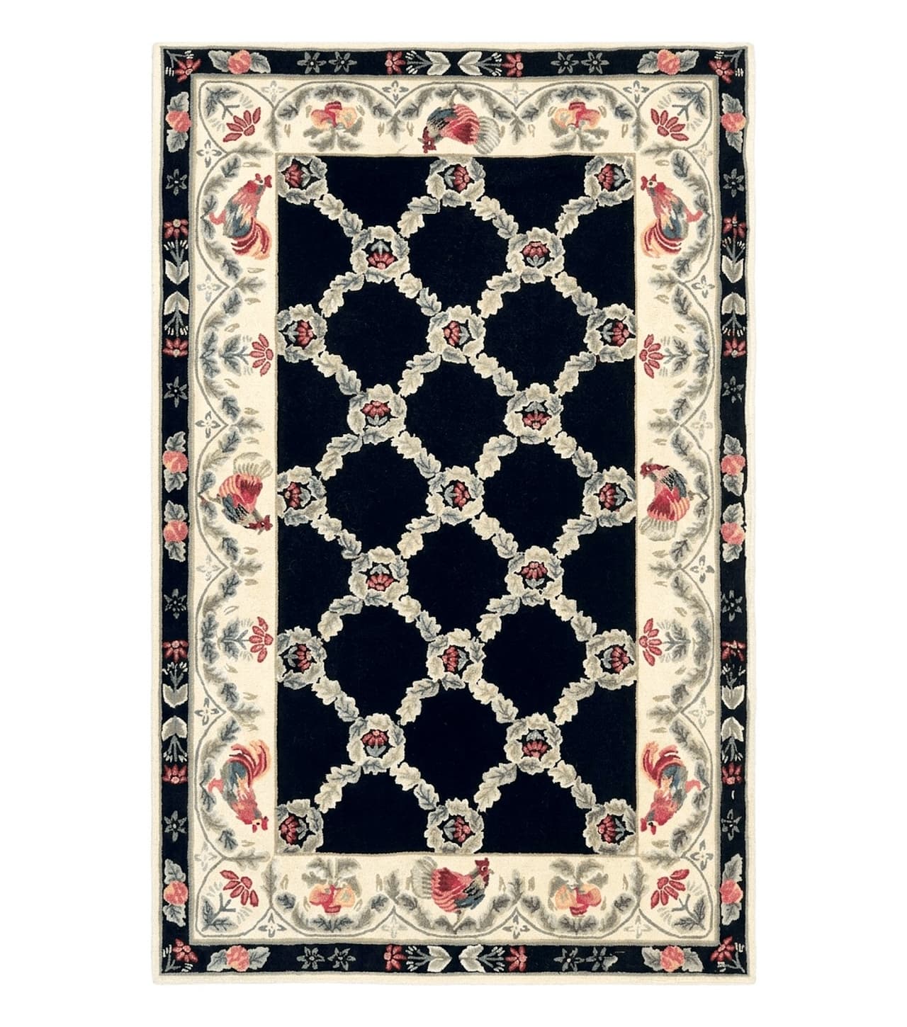 Hooked Rug 5x8, European Aubusson Pattern, Black and Ivory, Roses & Roosters, Vintage Wool Rug by Jewel Rugs