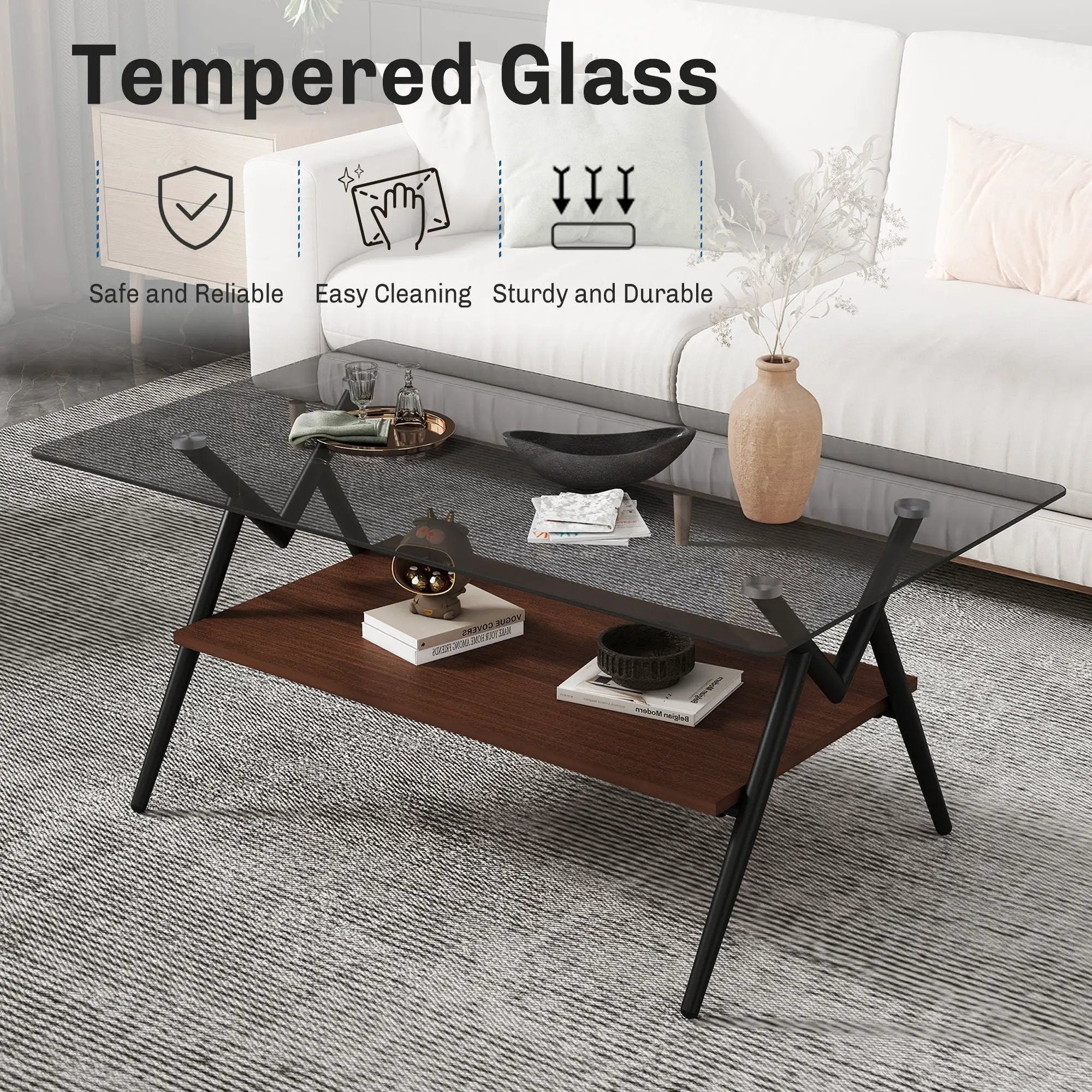 Rectangle Coffee Table With Tempered Glass Top And Shelf, Modern Table For Living Room by Unique Piece Furniture
