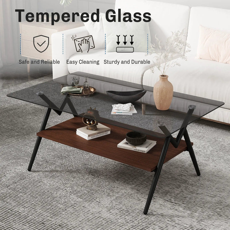 Rectangle Coffee Table With Tempered Glass Top And Shelf, Modern Table For Living Room by Unique Piece Furniture