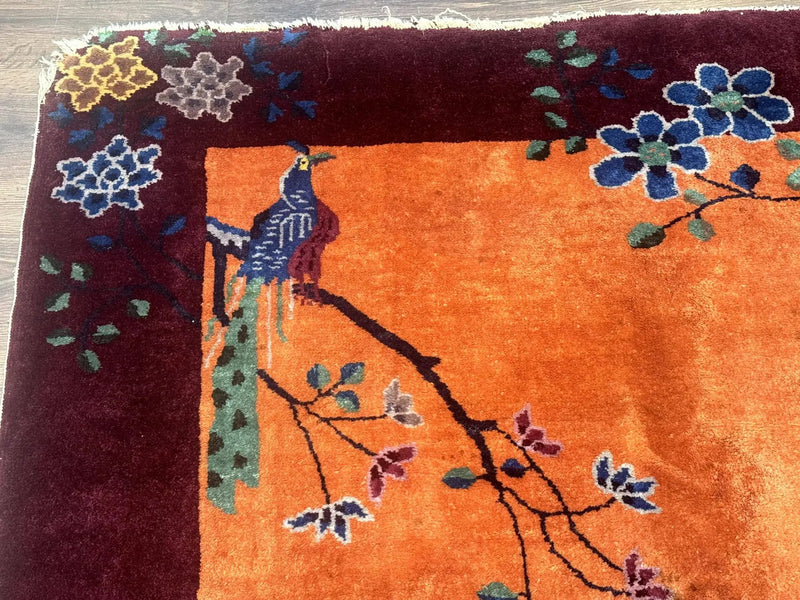 Chinese Art Deco Rug 5x8, Antique Chinese Wool Rug, Nichols Rug, Rare Chinese Carpet, Orange and Purple-Maroon by Jewel Rugs
