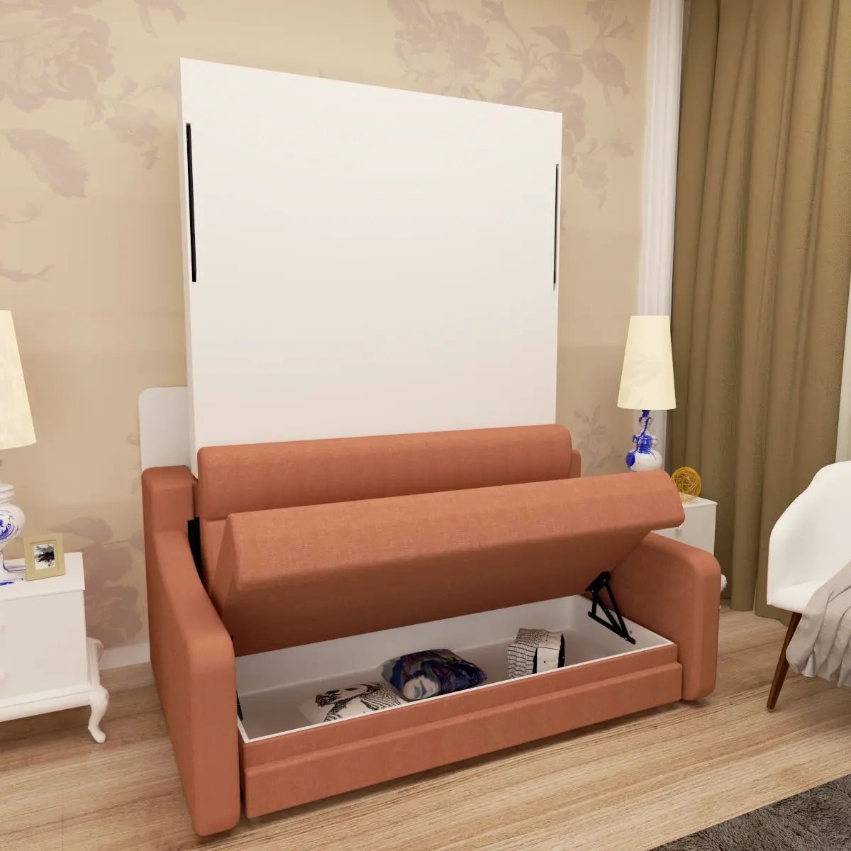 Morden Deisgn Vertical Murphy Bed With Sofa For Bedroom Or Guestroom White Wall Bed Space Saving Hidden Bed With New Style Gas Struts - Orange by Unique Piece Furniture