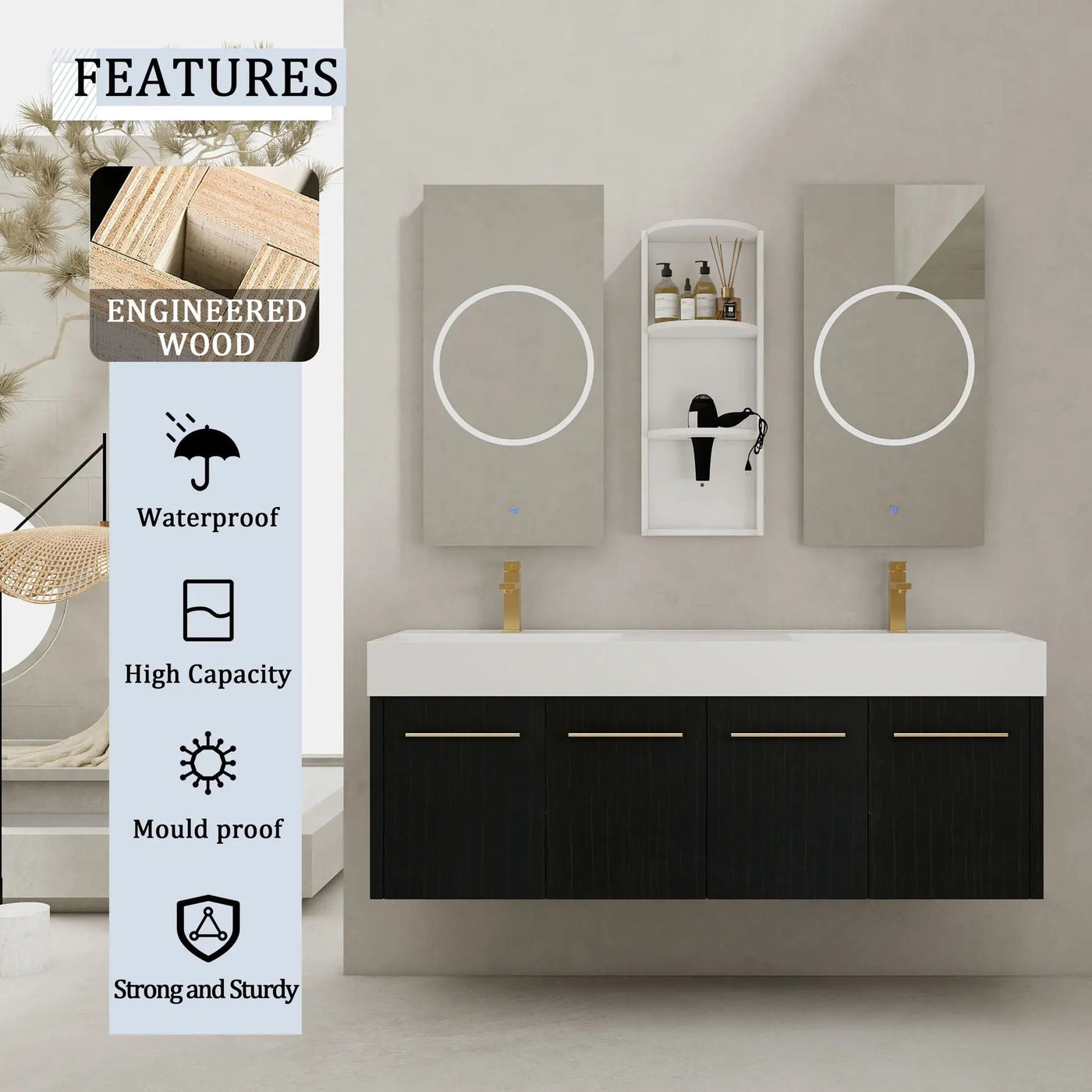 Modern Wall Mounted Bathroom Vanity With Resin Sink and Storage Rack by HouseOfZazla