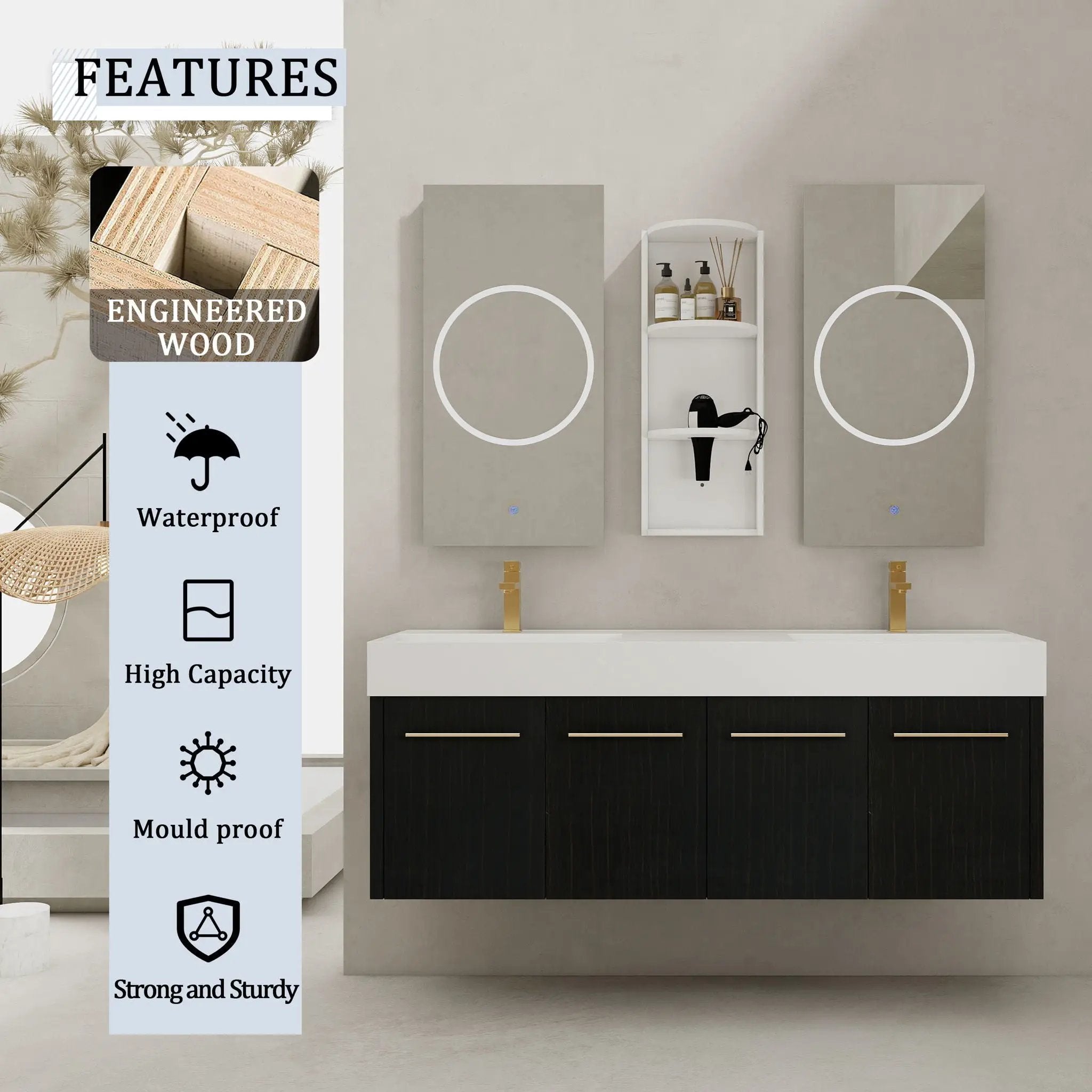 Modern Wall Mounted Bathroom Vanity With Resin Sink and Storage Rack by HouseOfZazla