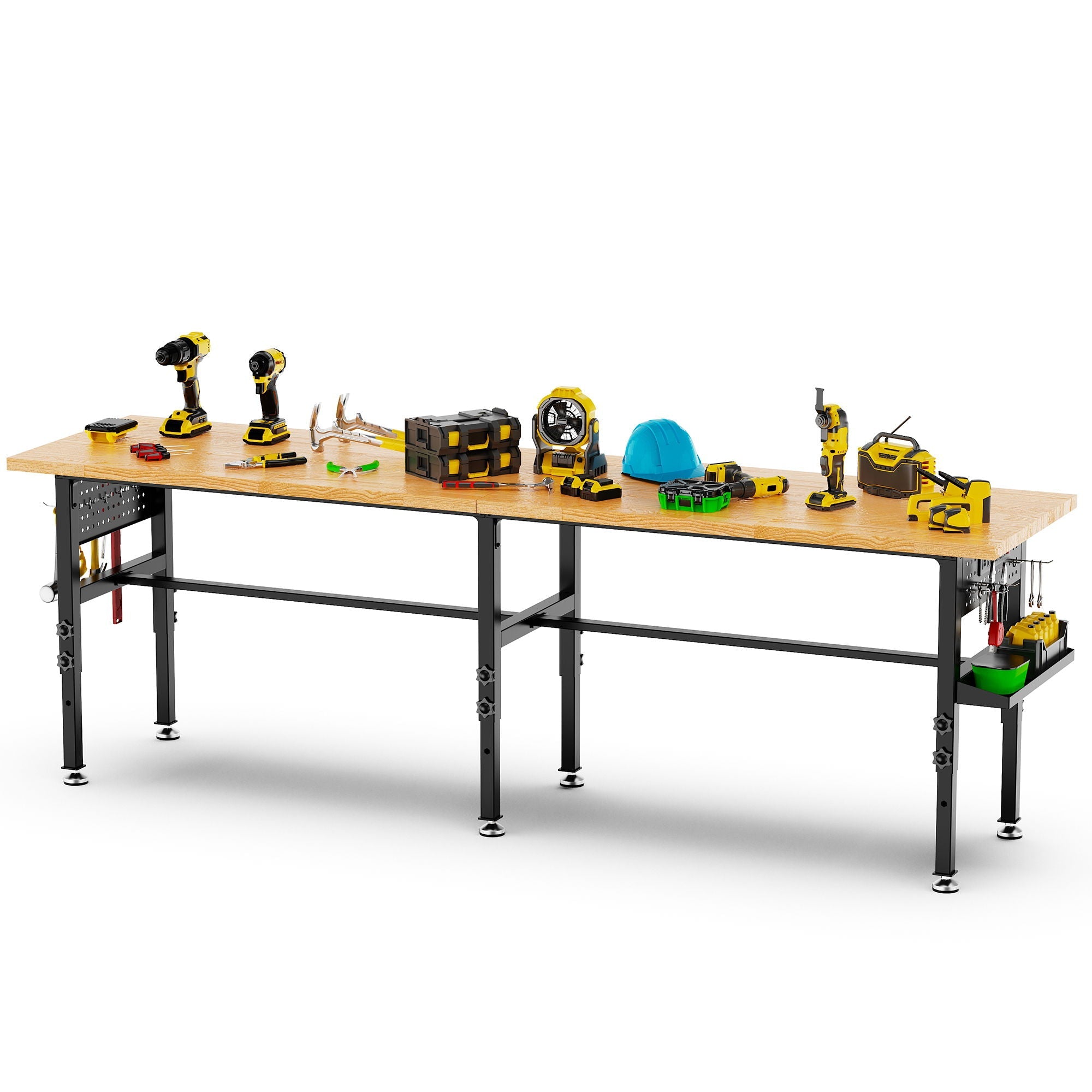 Adjustable Workbench, Side Pegboard, 4 Height Settings, Power Outlet, Storage Box, Wheels Or Leveling Feet - Black by HouseOfZazla