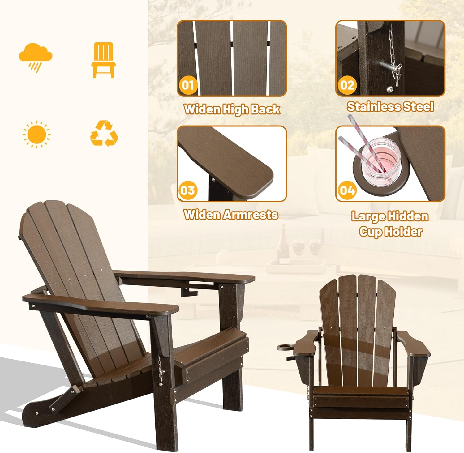 Adirondack Chair, Folding HDPE Outdoor Seating with Cup Holder by HouseOfZazla