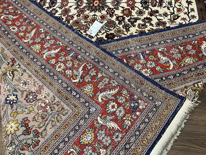 Beautiful Sino Persian Rug 7x10, Circle of Life Tree of Life Rug, Birds, Cream Red Navy Blue Taupe, Wool Silk Accents, Hand Knotted Vintage by Jewel Rugs