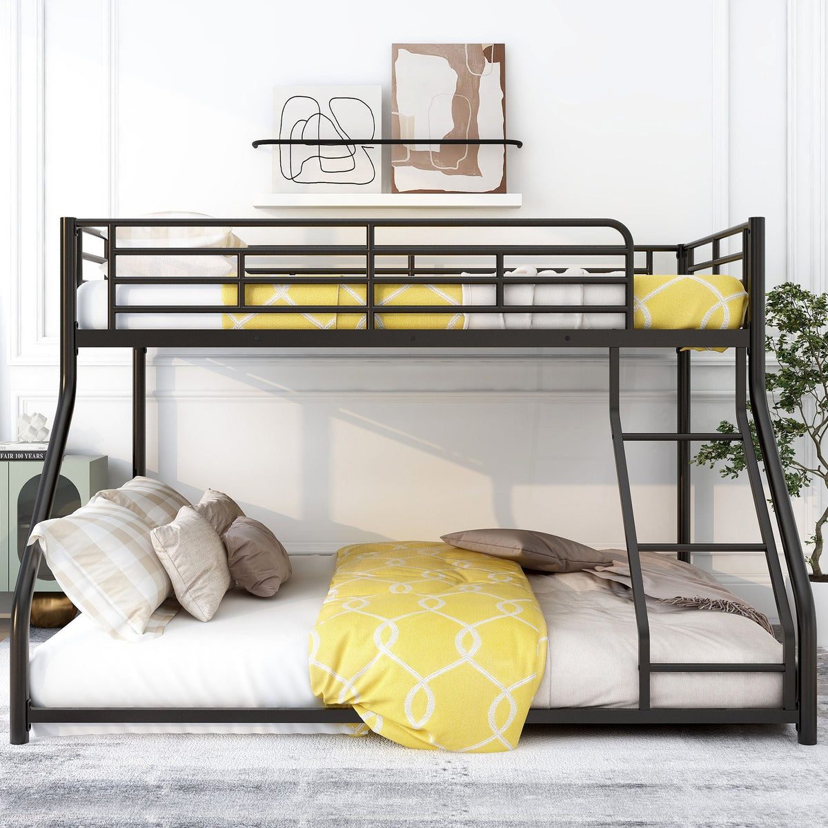 Metal Floor Bunk Bed with Sloped Ladder - Space Saving Design, Black, photo 3 of 12