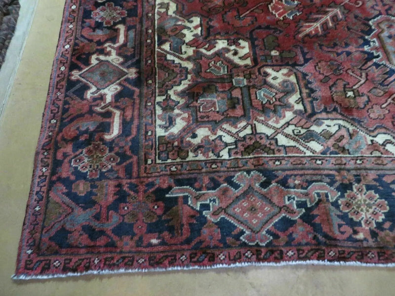 Persian Rug 8x11 Room Sized Heriz Carpet, Hand Knotted Wool Rug, Vintage Semi Antique, Geometric Medallion, Wine Red Cream Dark Blue, Wow by Jewel Rugs