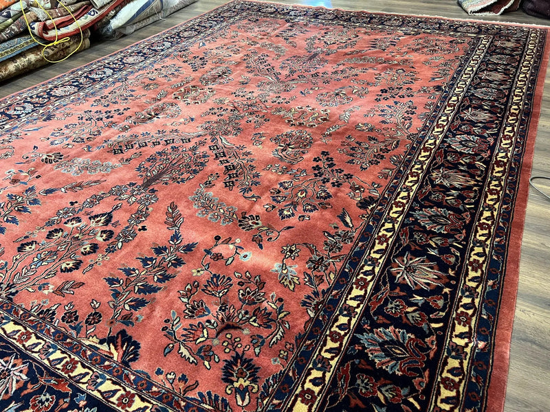 Indo Sarouk Rug 10x14, Vintage Indian Persian Area Rug 10 x 14, Wool Hand-Knotted Oriental Carpet, Red Floral Allover Large Rug, Beautiful by Jewel Rugs