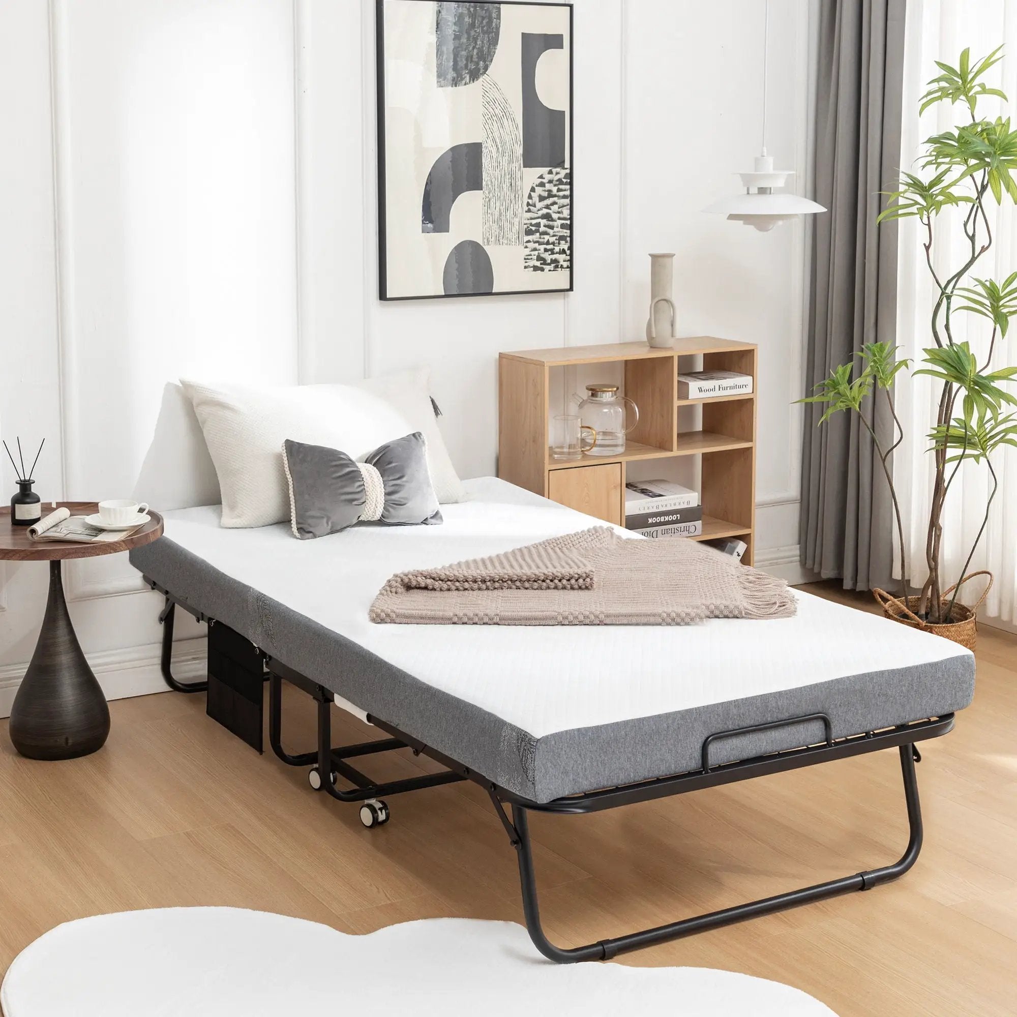 Foldable Metal Frame Bed For Guest With Memory Foam Mattress On Wheels, Saving Space Rollaway Bed by HouseOfZazla