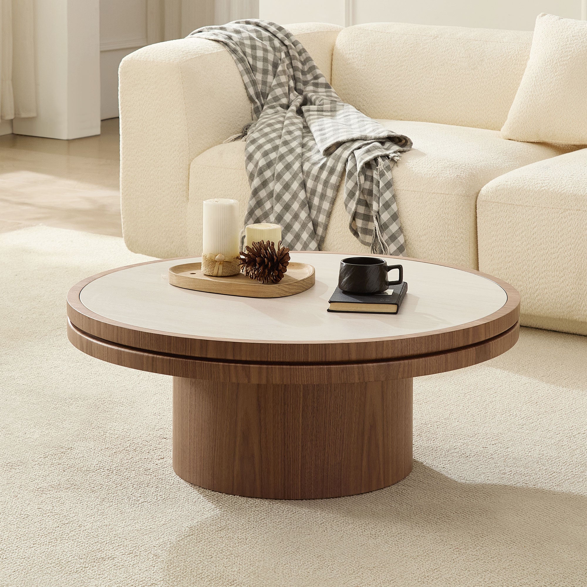 35.43 Inch Coffee Table with Sintered Stone Tabletop in Walnut by HouseOfZazla