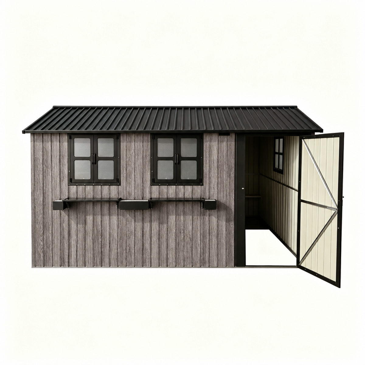 12x10 FT Outdoor Metal Storage Shed with 3 Clear Windows & Decorative Flower Rack, Lockable Single Door Tool Shed, Heavy Duty Waterproof Weatherproof Garden Shed for Backyard Patio Yard,Grey+Black, photo 9 of 9