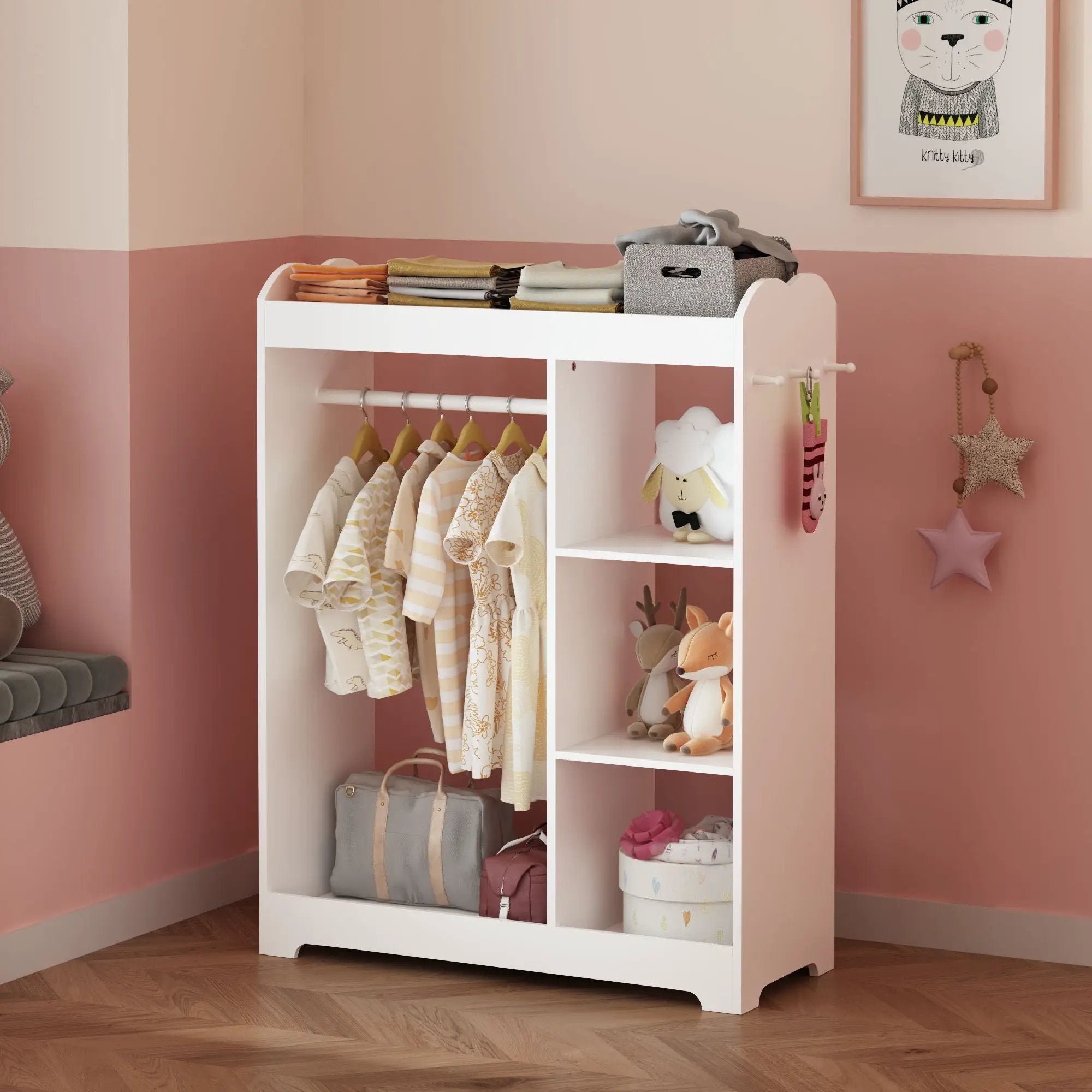 Dress Up Storage With Mirror And Hooks, Clothes Rack With Hanging Rod, 3 Side Hooks, Open Shelves, Top Shelf Organizer - White by Unique Piece Furniture