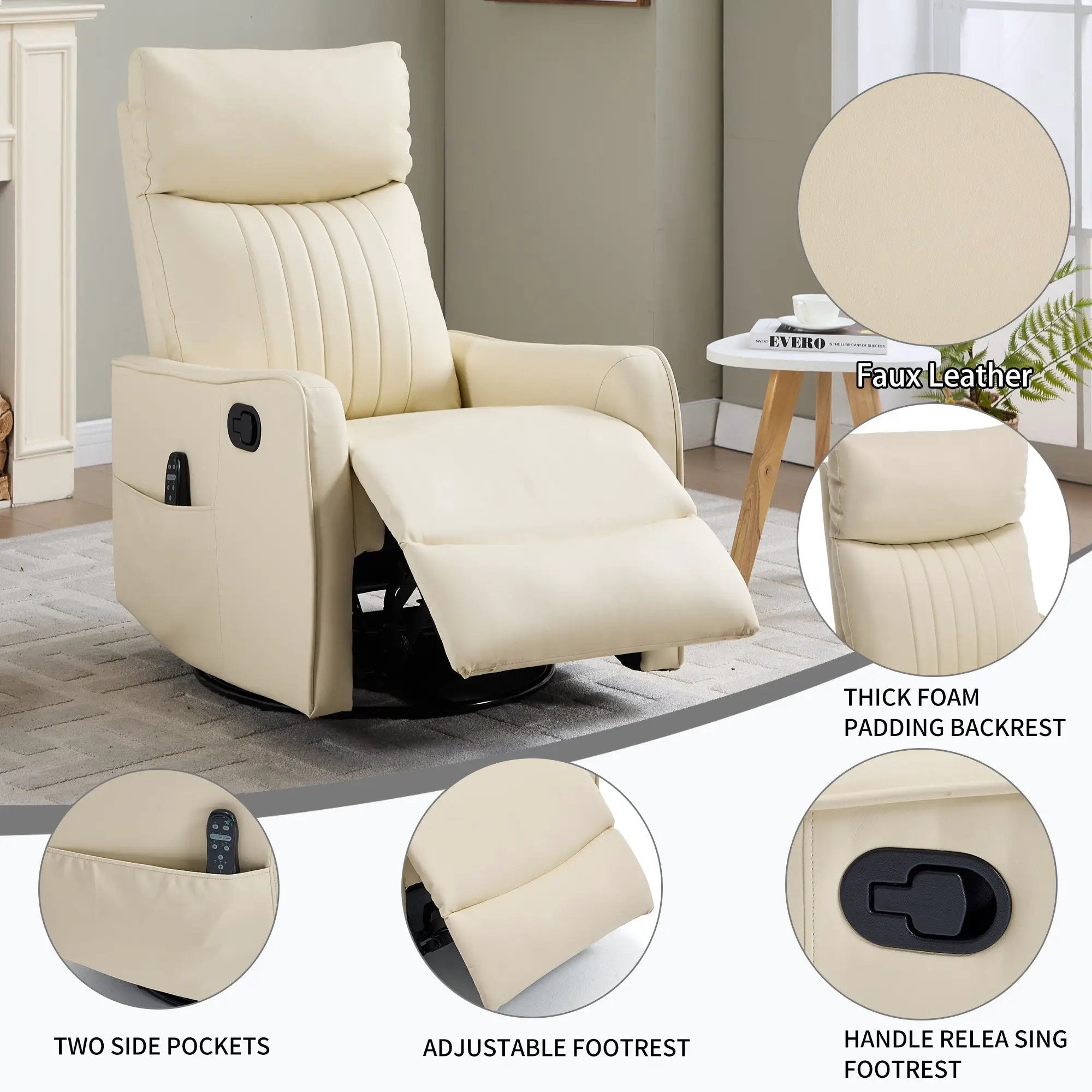 Beige Heat Massage Manual Recliner Chair with Rocker and Swivel by HouseOfZazla