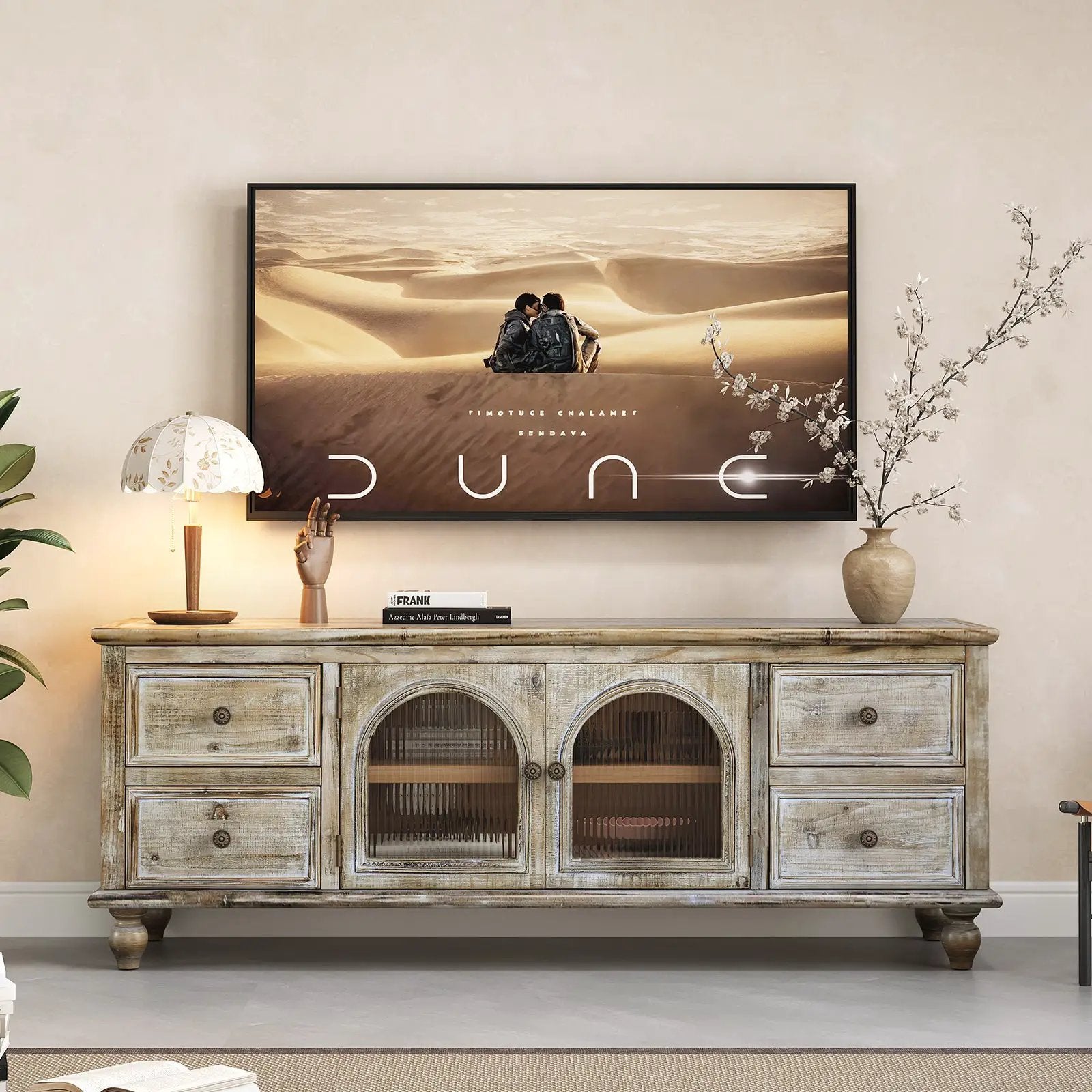 60" Farmhouse TV Stand with 4 Drawers & 2 Glass Doors by HouseOfZazla