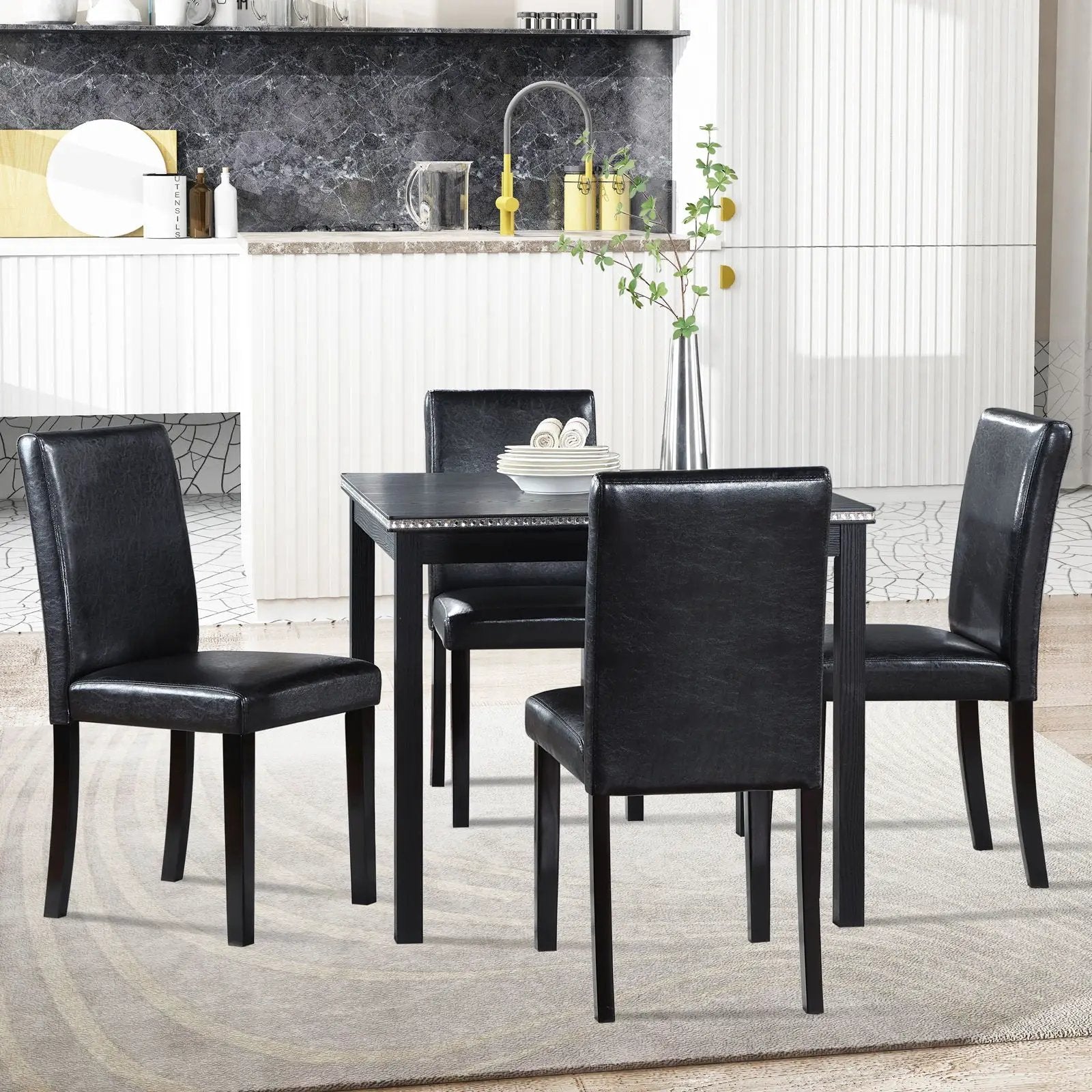 5 Pieces Wooden Dining Table Set, Square Table And 4 Upholstered Chairs by HouseOfZazla