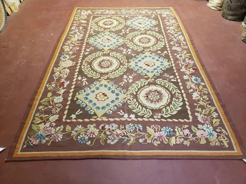 Aubusson Rug 6 x 9 Flat Weave Area Carpet European Design Flowers New Brown Rug Handmade Wool Hand-Knotted Aubusson Weave Medium Rug 6x9 by Jewel Rugs